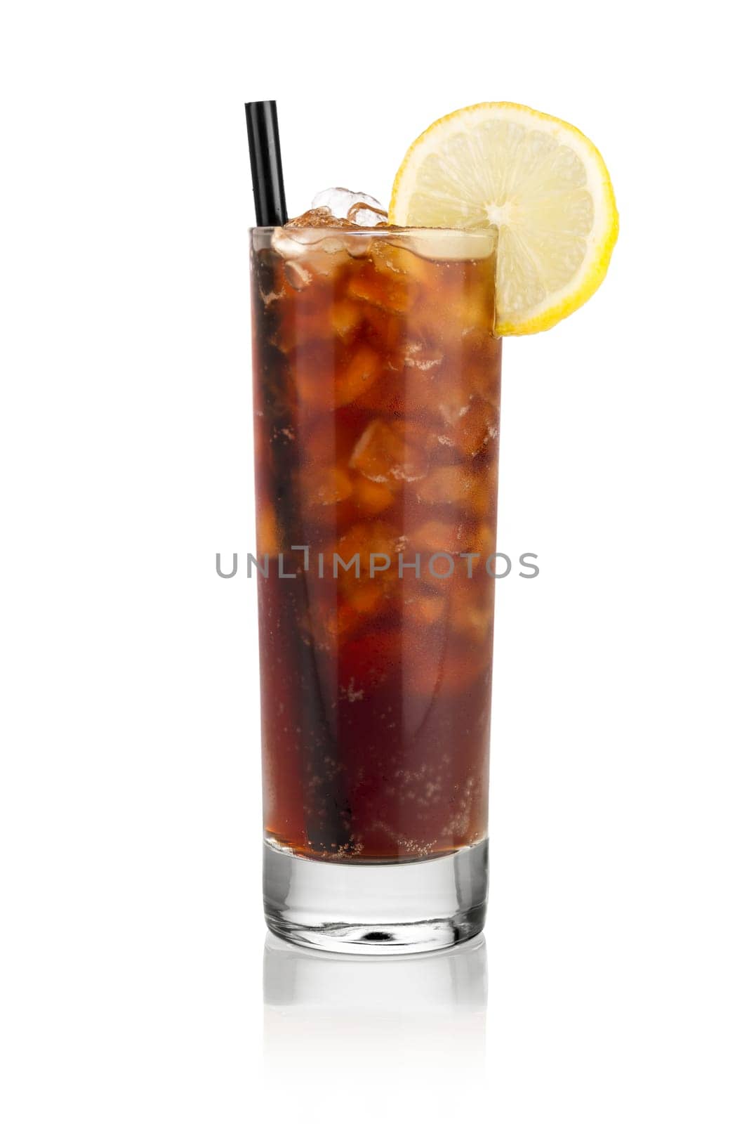 Glass of Coke in front of a white background