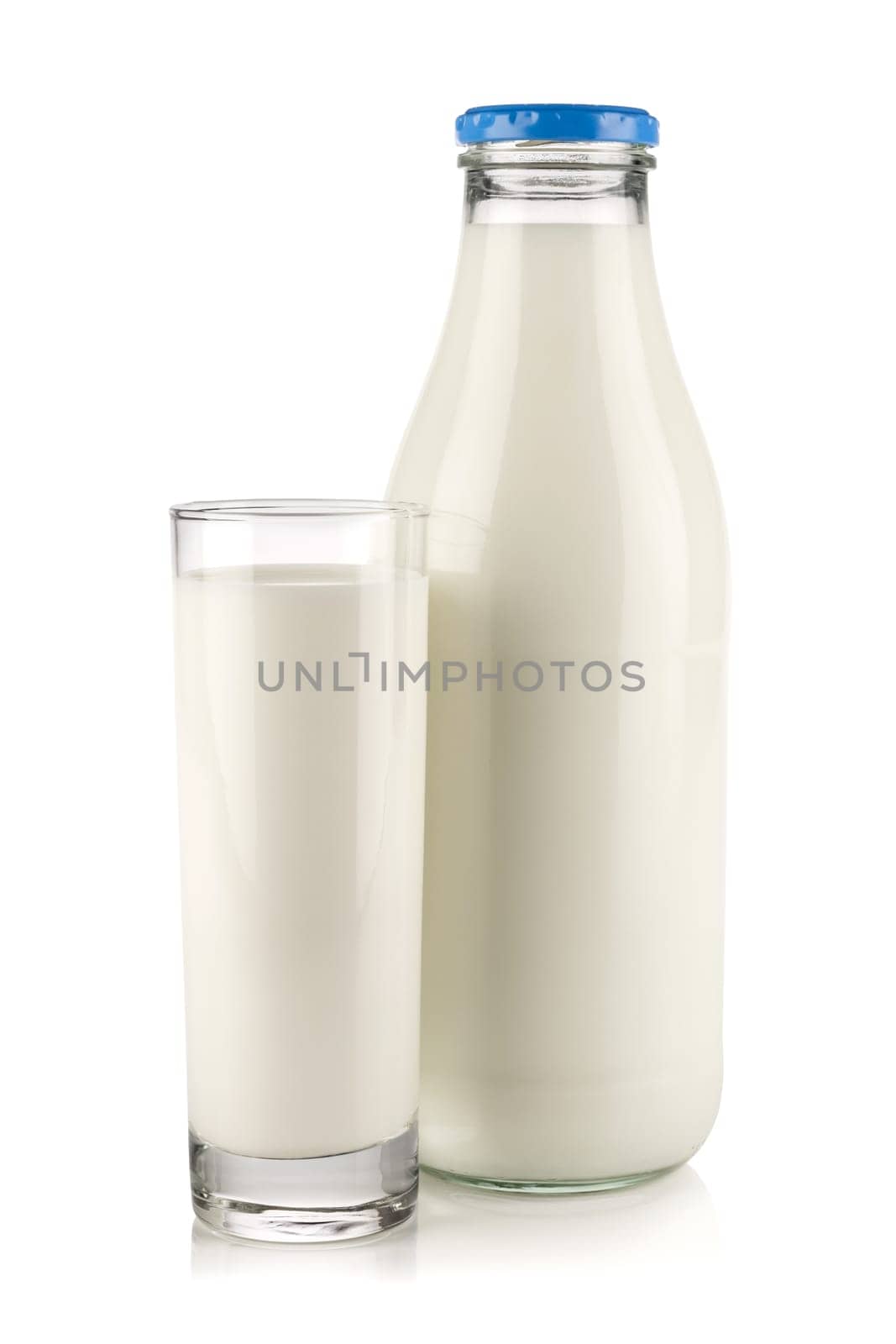 Milk bottle with glass against white background