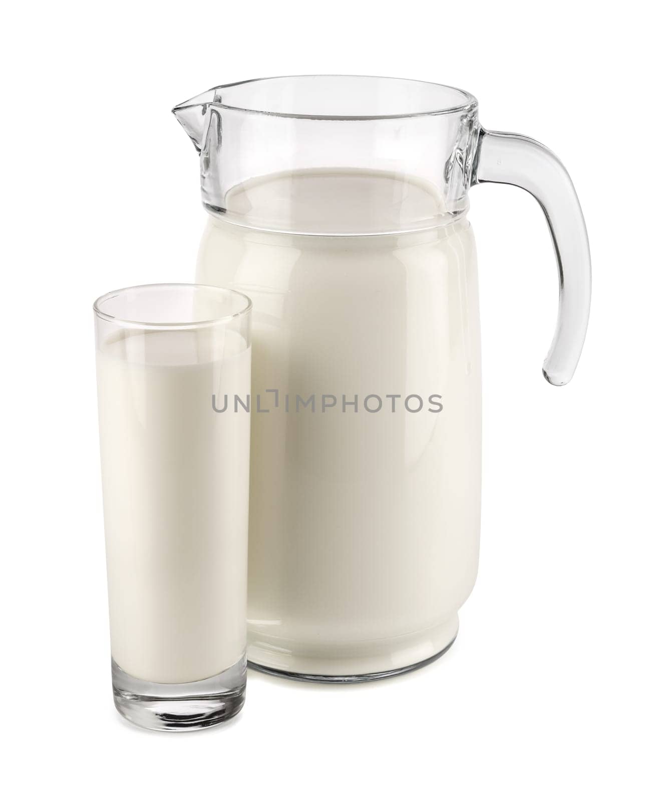 Milk jug with glass against white background