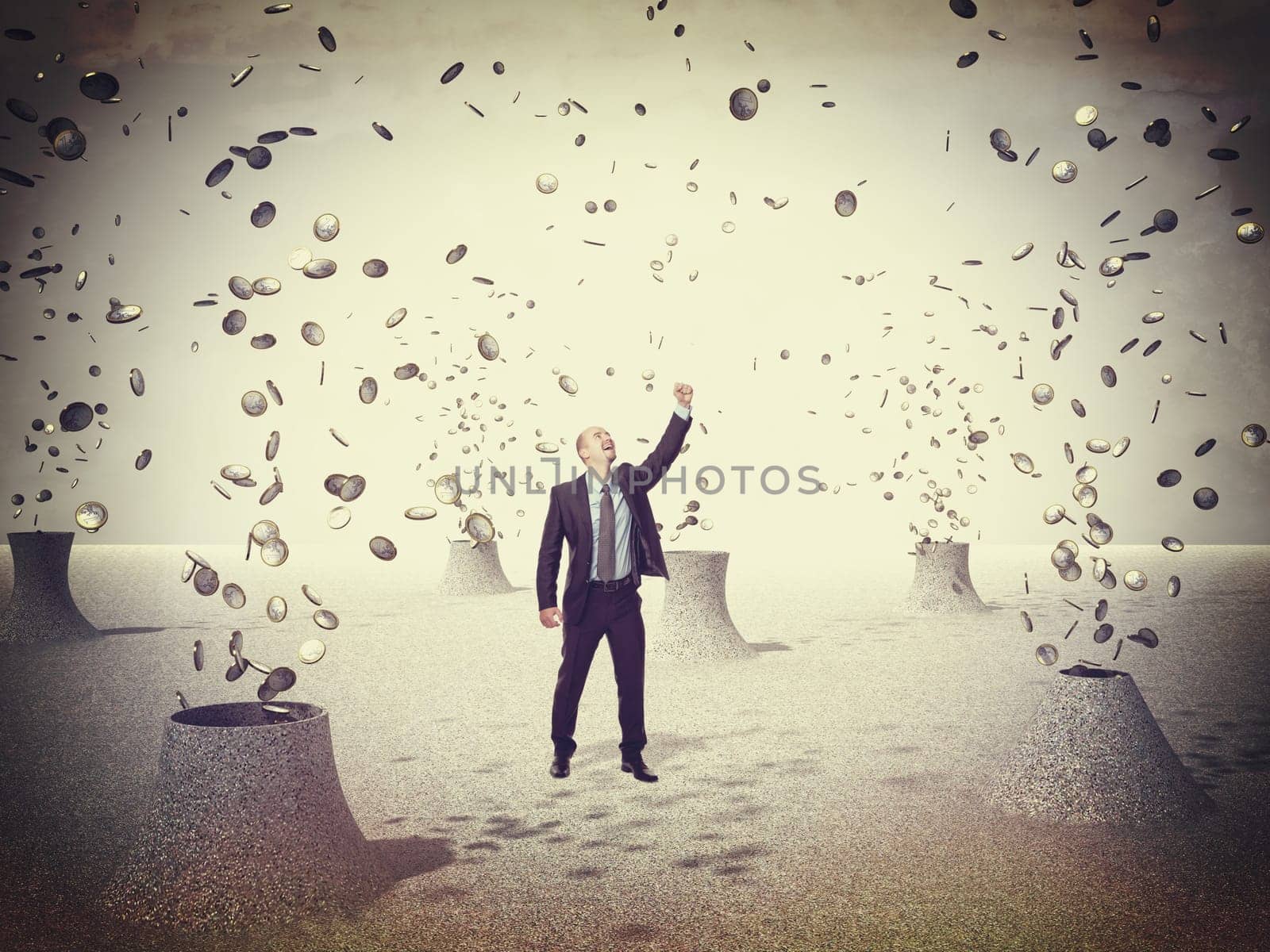 happy businessman and coin come from volcano