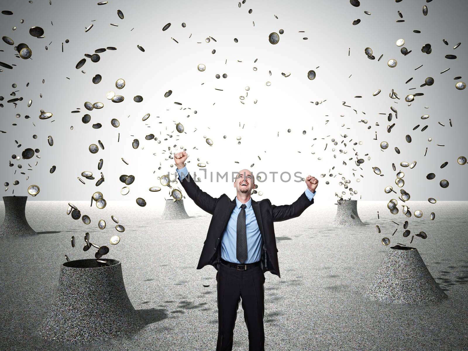 happy businessman and coin come from volcano
