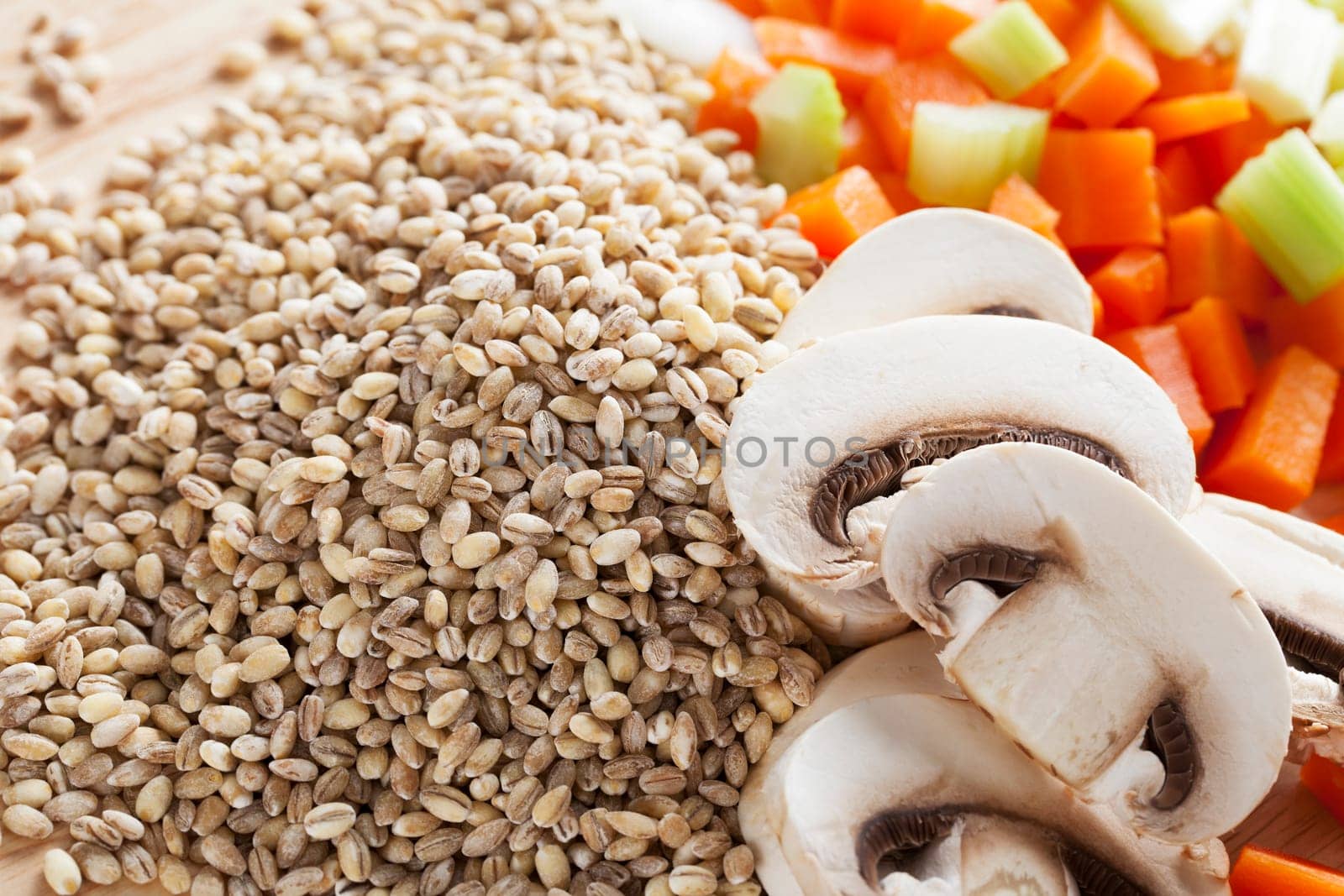 Barley mushrooms, carrots and celery ingredents for soup.