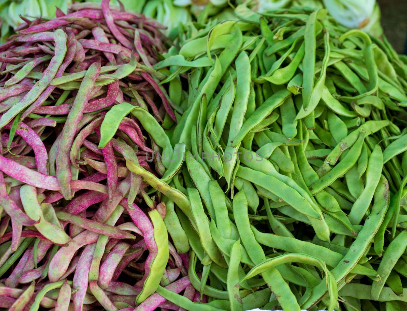 green beans in Market vegetables food textures pattern in Mediterranean