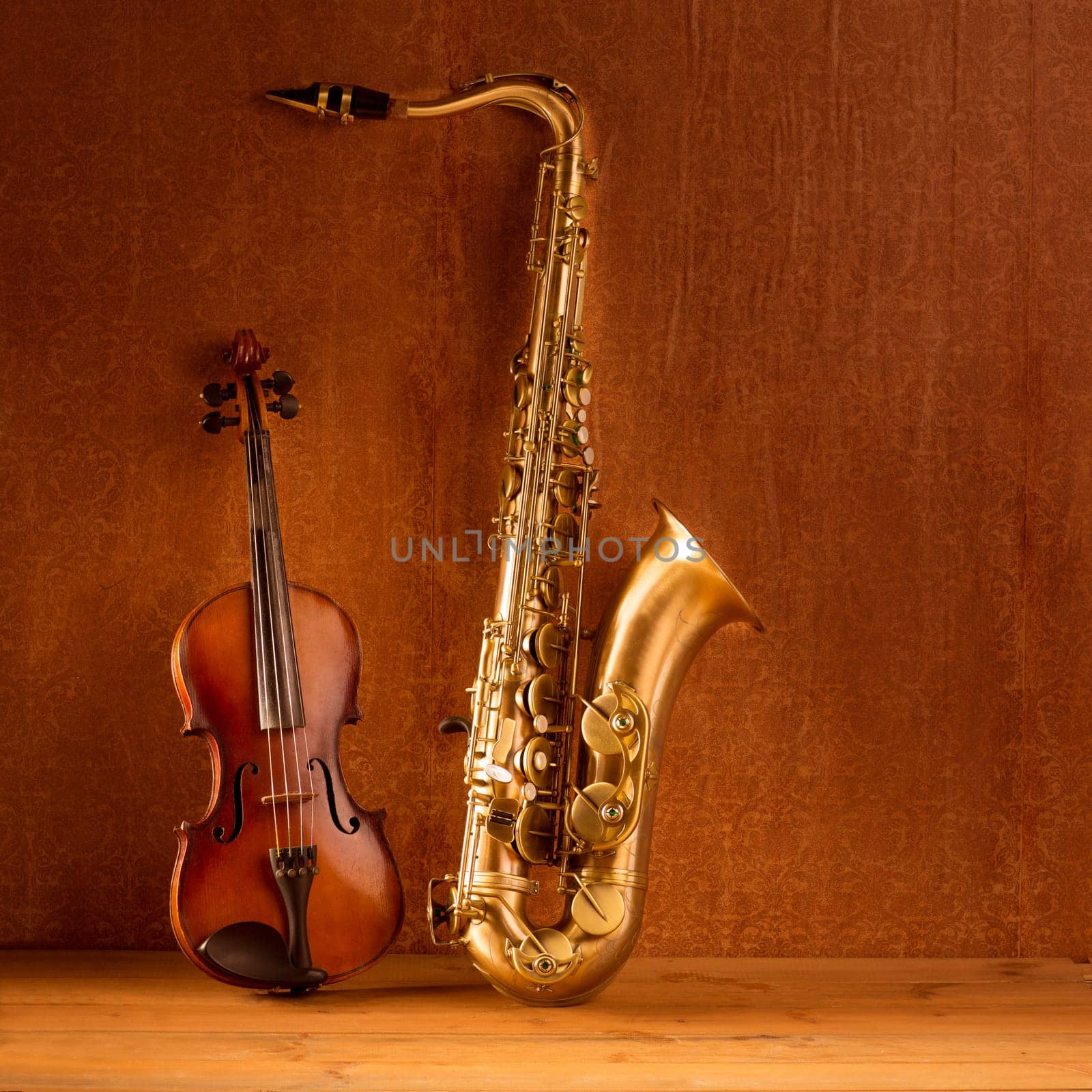 Classic music Sax tenor saxophone violin  in vintage wood background