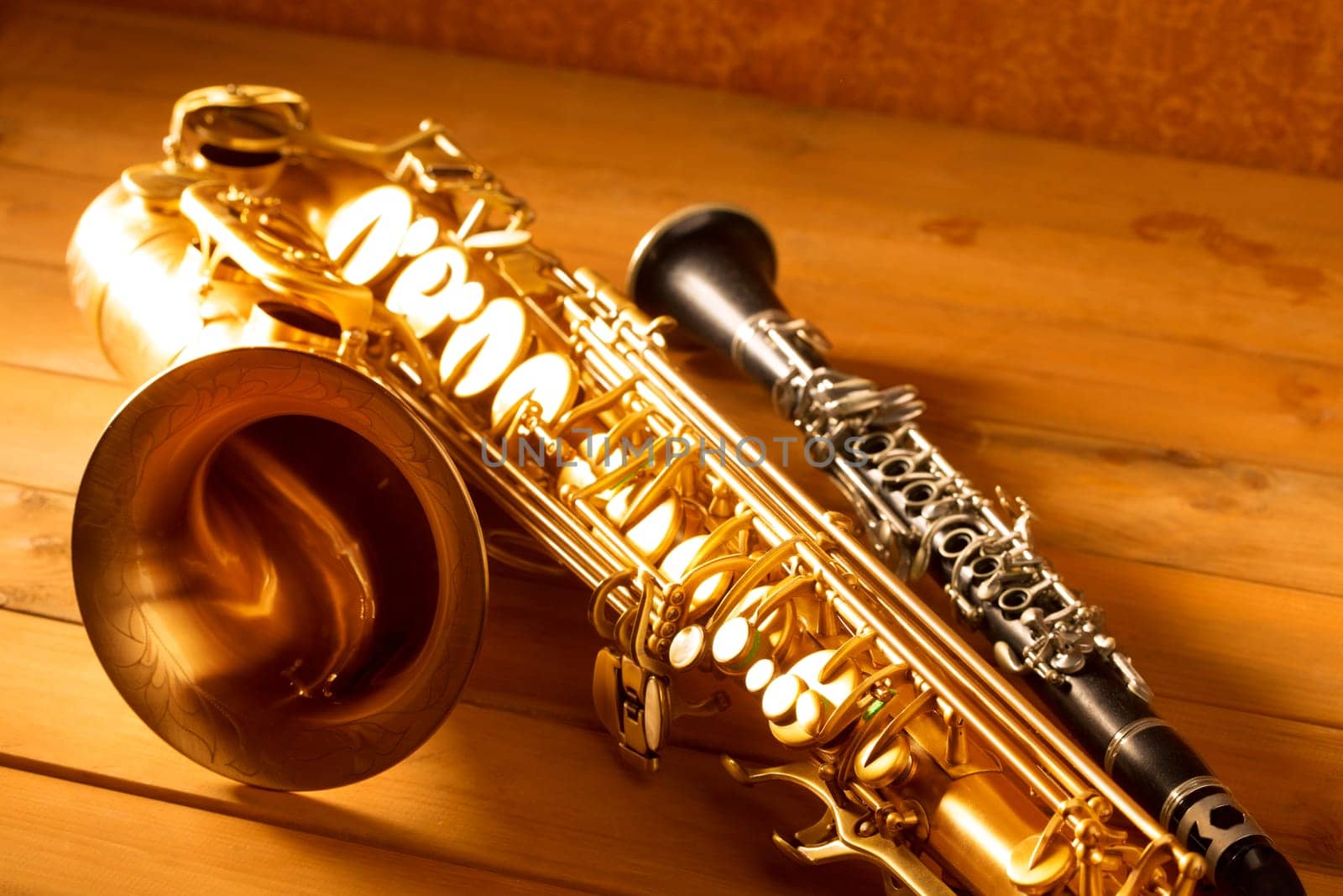 Classic music Sax tenor saxophone and clarinet in vintage wood background