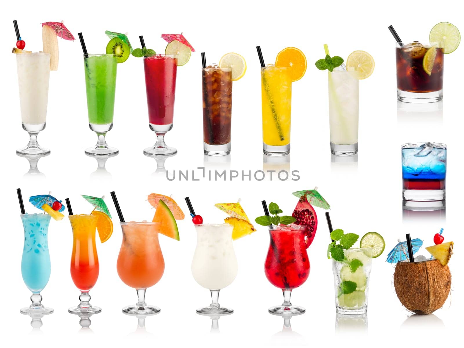 Cocktail and long drink set on white background