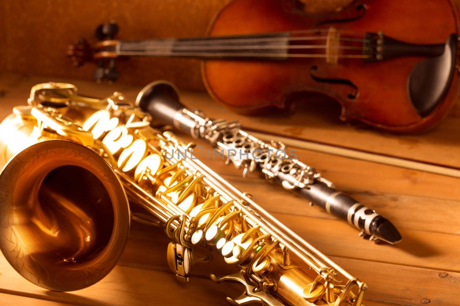 Classic music Sax tenor saxophone violin and clarinet in vintage wood background