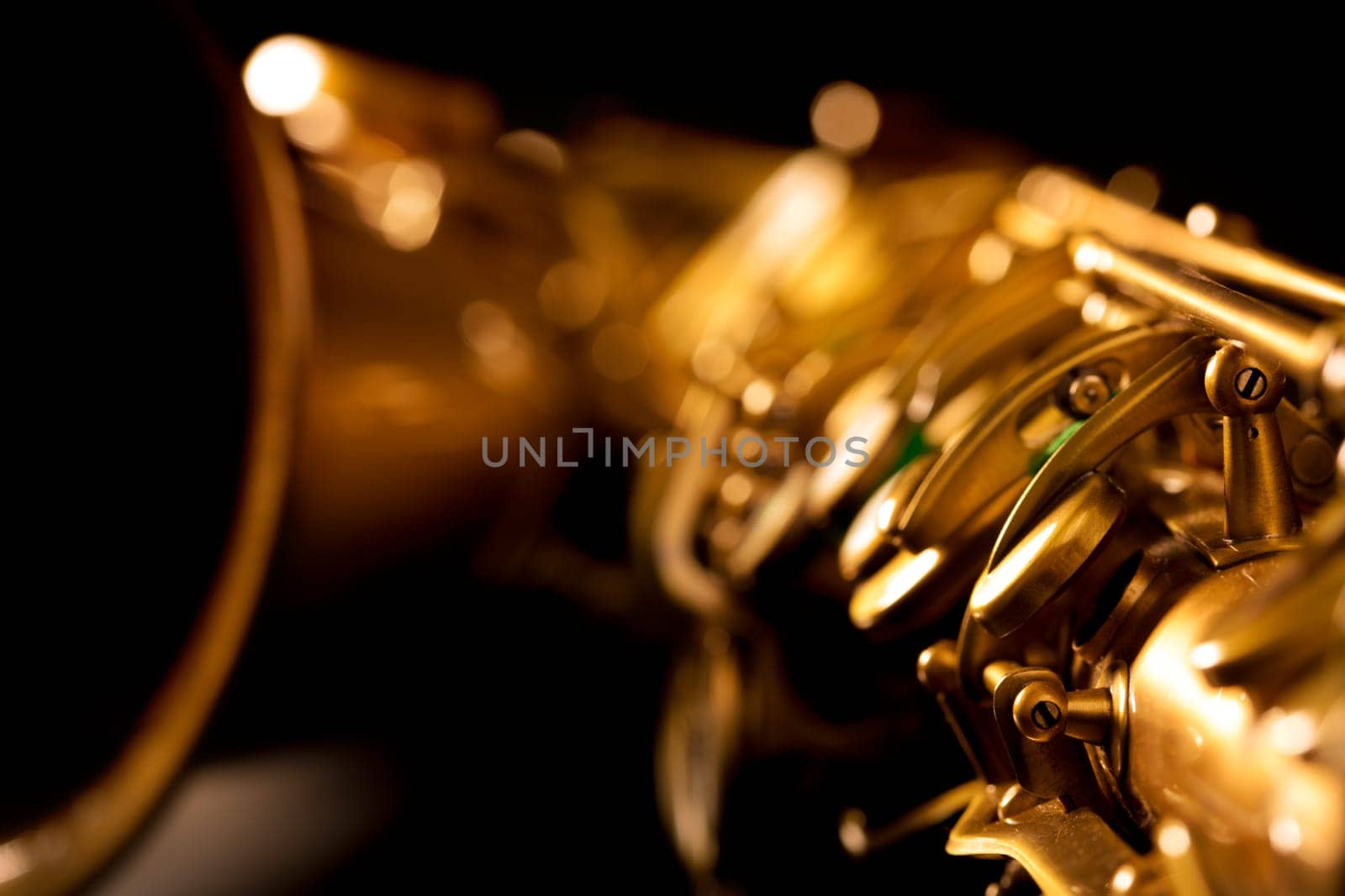 Tenor sax golden saxophone macro with selective focus on black
