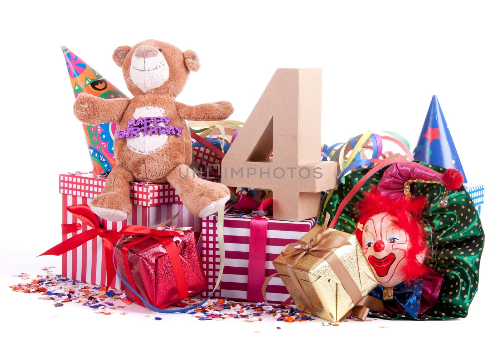 Number of age in a colorful studio setting with a red heart and gifts and tulips