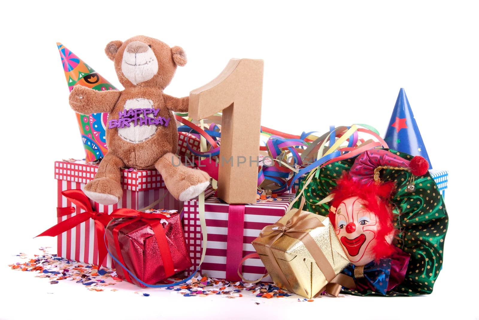 Number of age in a colorful studio setting with a red heart and gifts and tulips