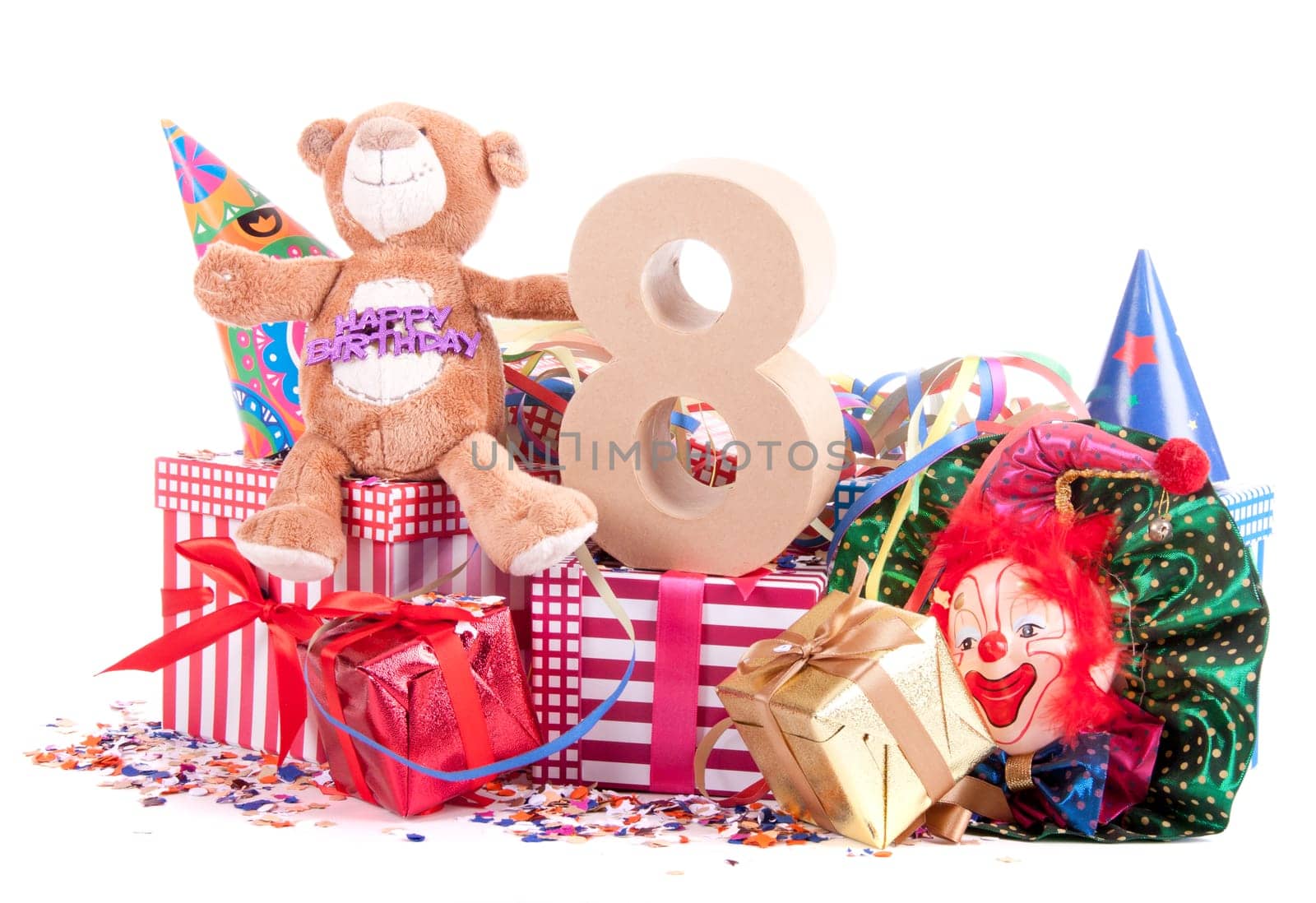 Number of age in a colorful studio setting with a red heart and gifts and tulips
