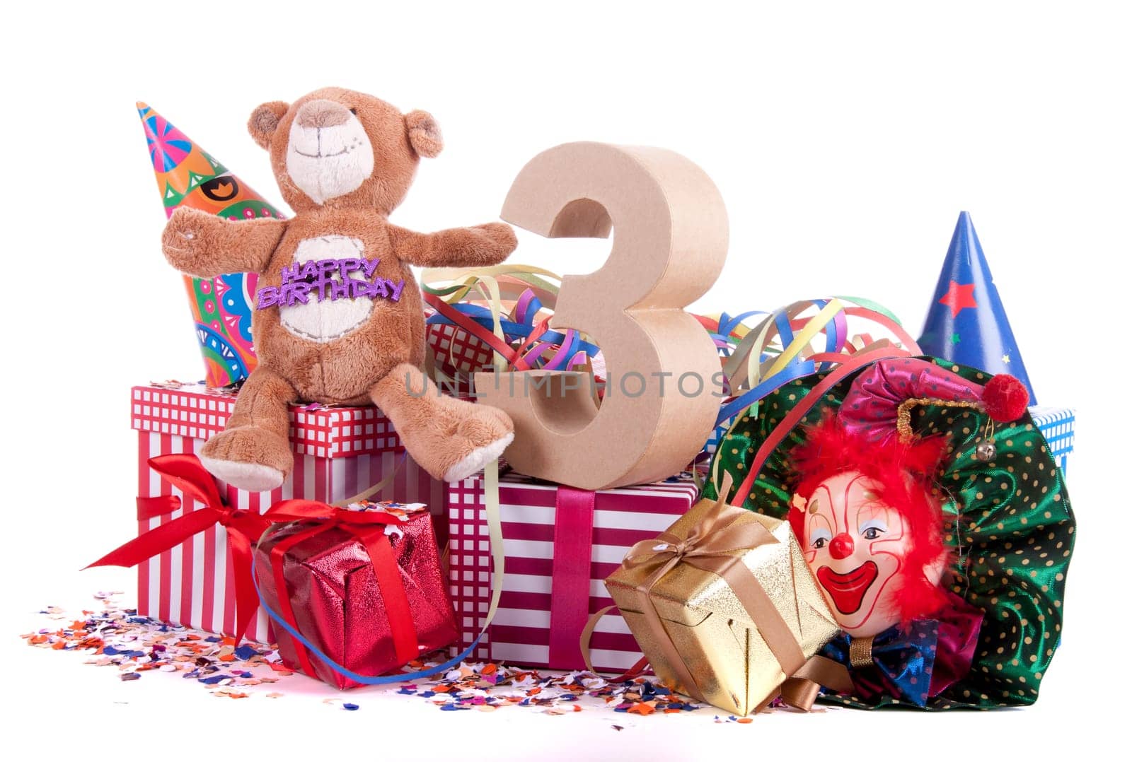 Number of age in a colorful studio setting with a red heart and gifts and tulips