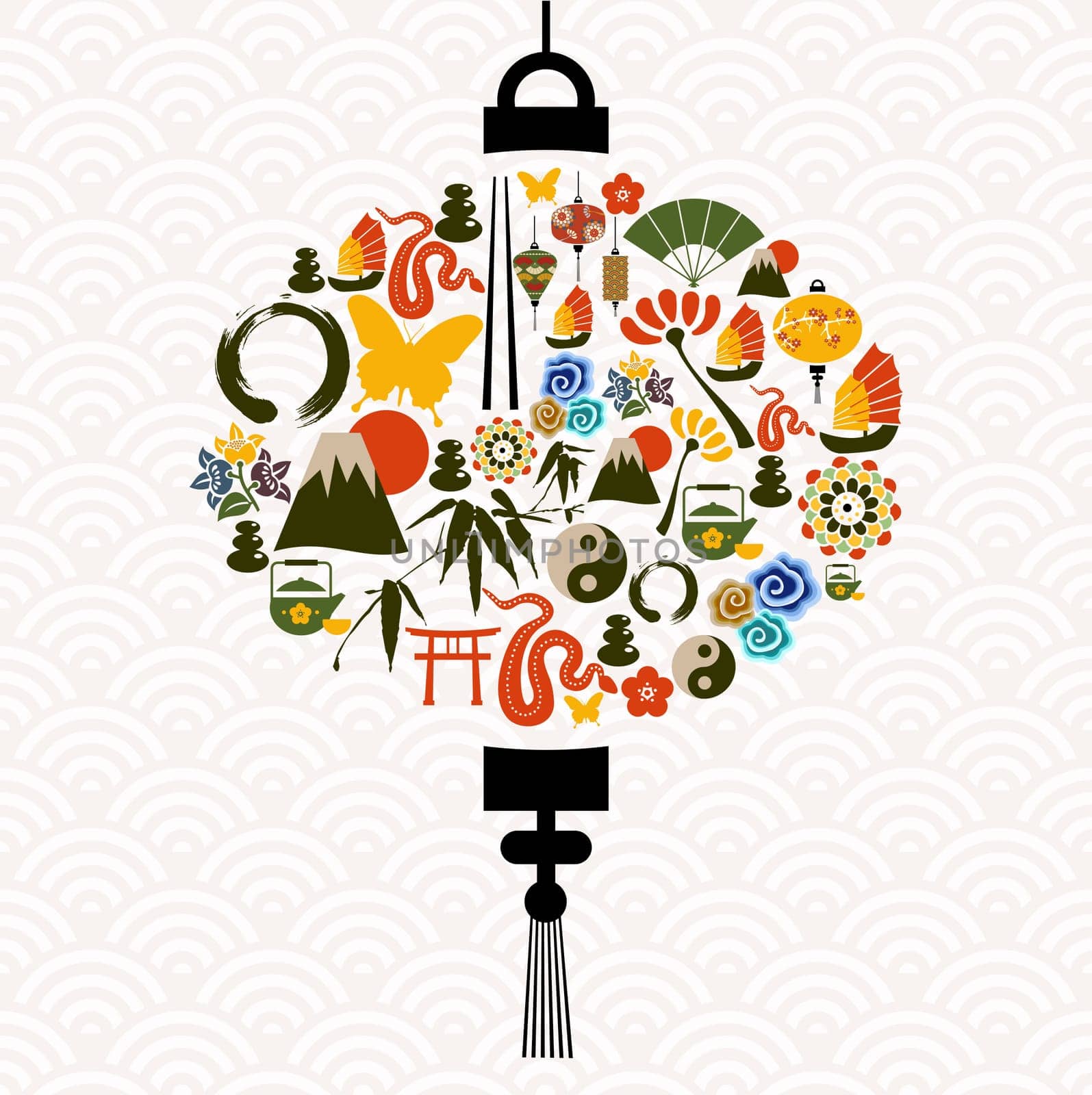 Chinese New Year of the Snake traditional lamp icon set composition. Vector illustration layered for easy manipulation and custom coloring.