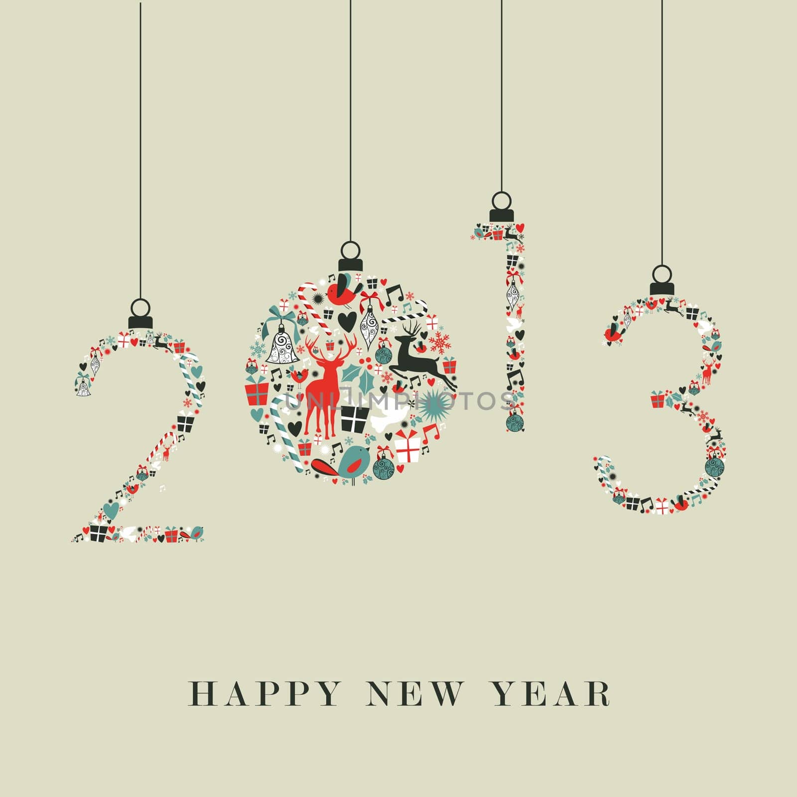 Christmas decorations icons in 2013 happy new year hanging numbers. Vector illustration layered for easy manipulation and custom coloring.