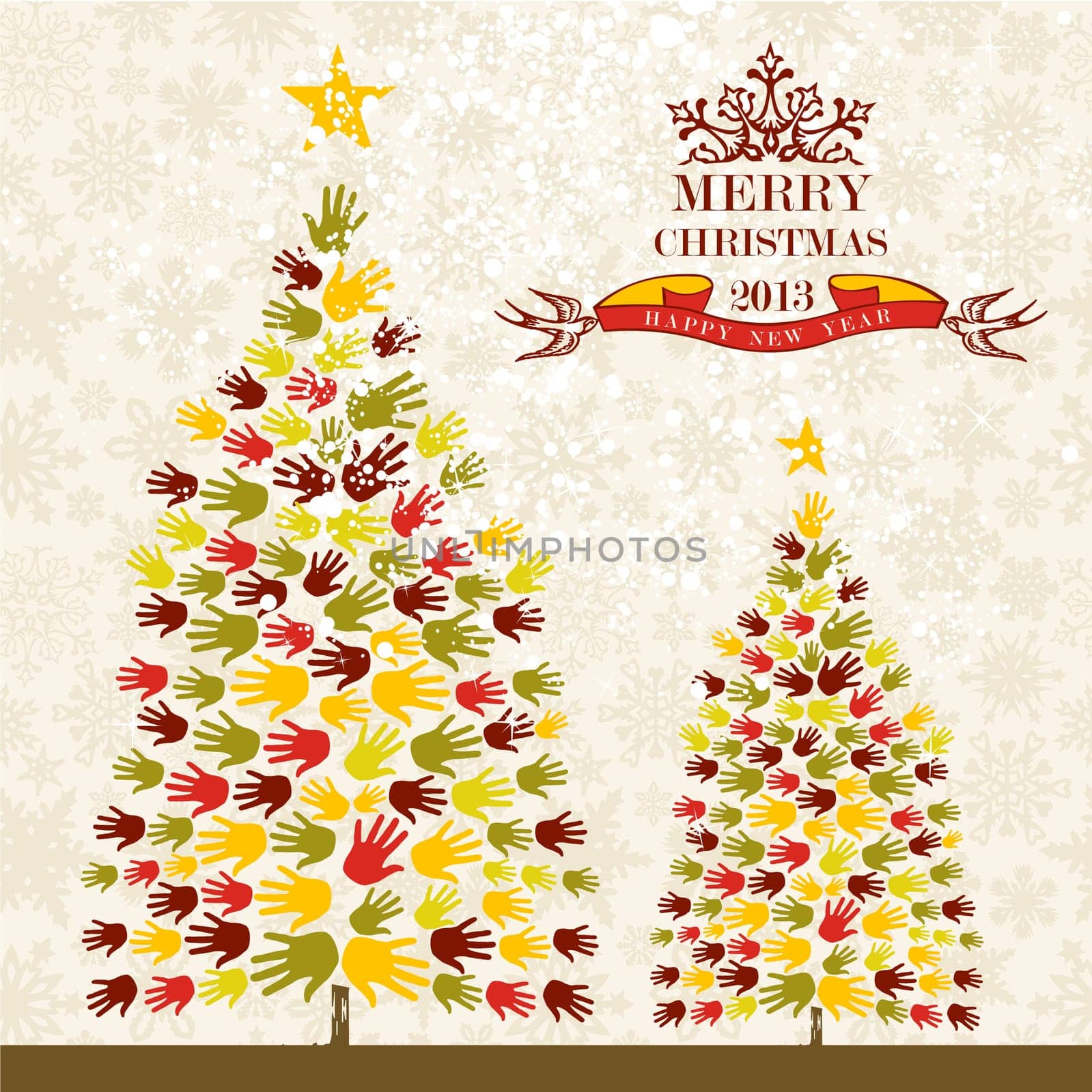 Diversity Merry Christmas and happy new year tree hands background for greeting card. Vector illustration layered for easy manipulation and custom coloring.