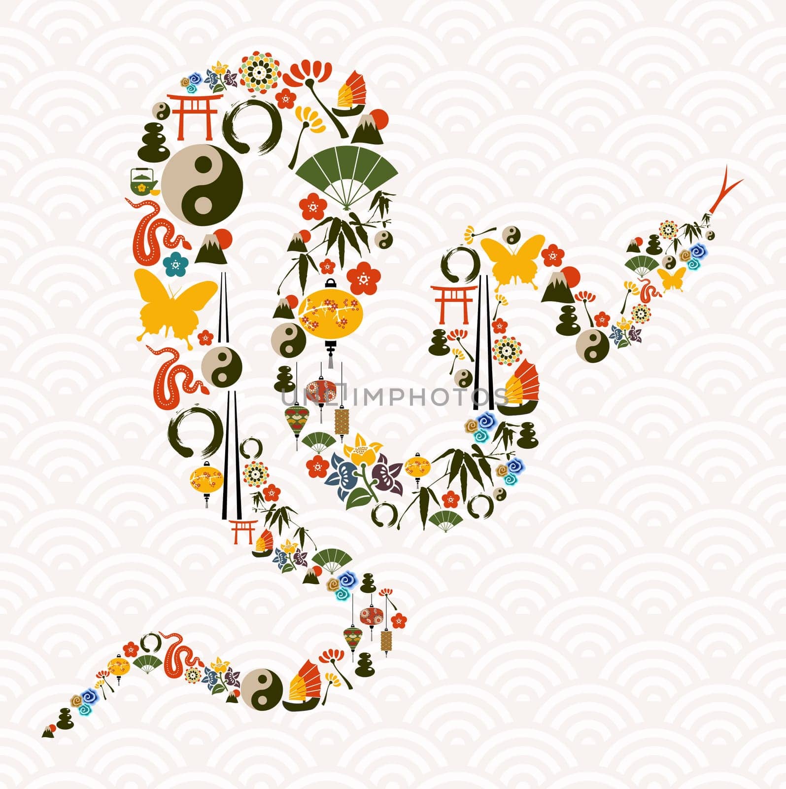Chinese New Year of the Snake icon set composition background. Vector illustration layered for easy manipulation and custom coloring.