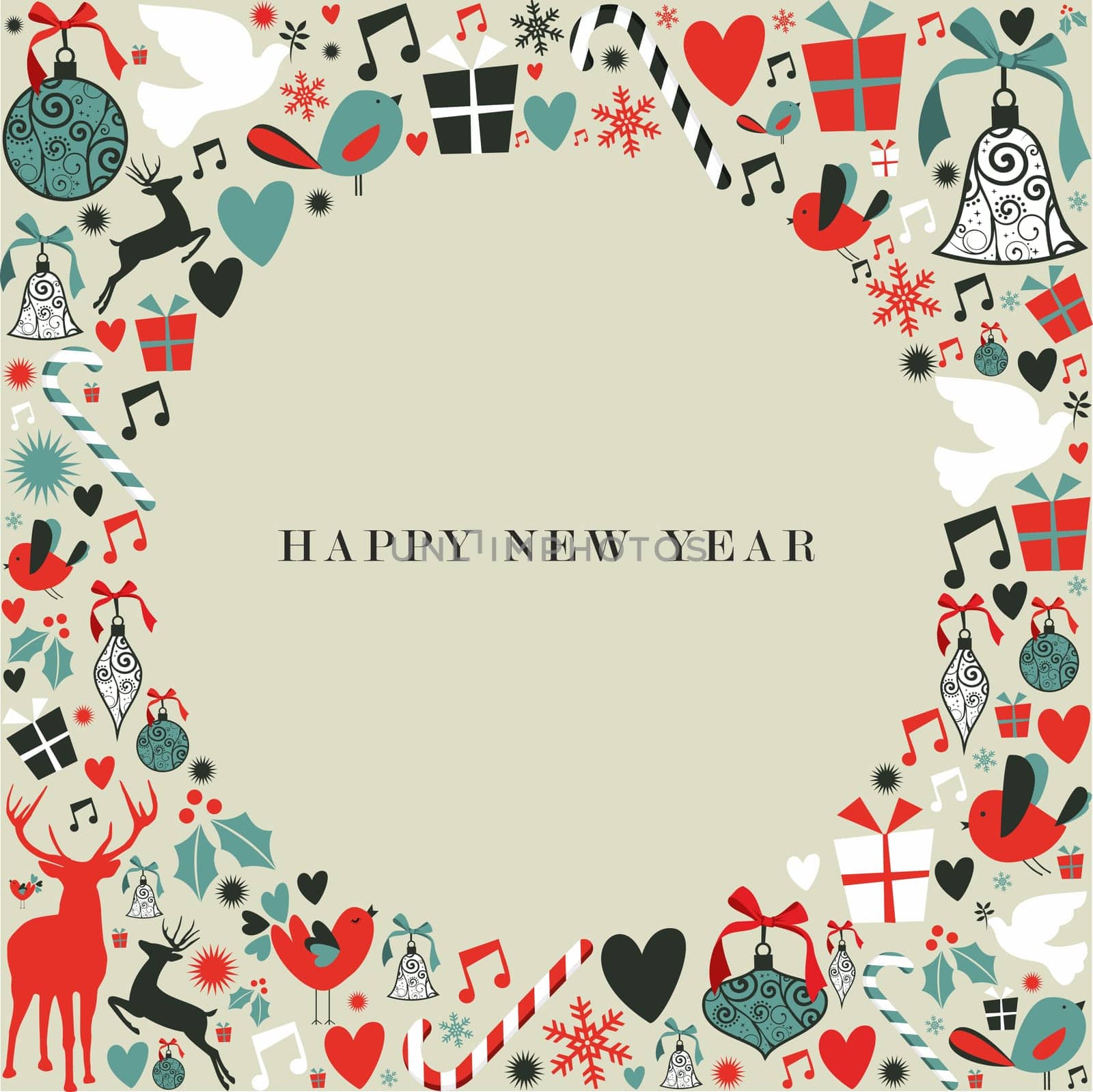 Christmas decorations icons in 2013 happy new year postcard background. Vector illustration layered for easy manipulation and custom coloring.