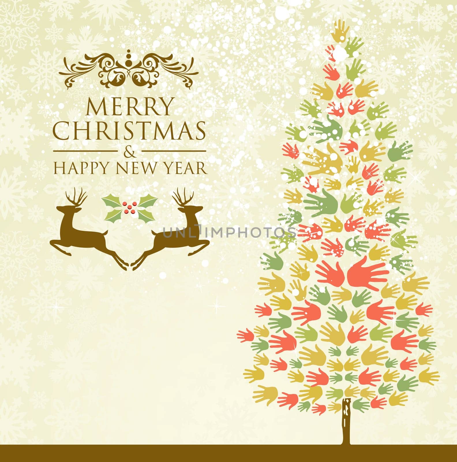 Diversity Merry Christmas and happy new year tree hands background for greeting card. Vector illustration layered for easy manipulation and custom coloring.