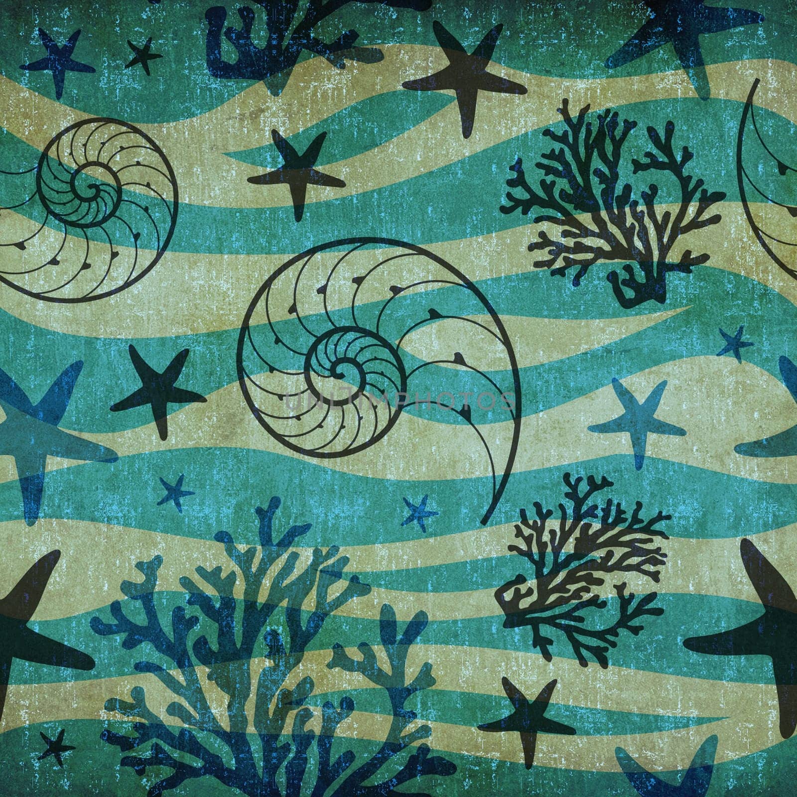 Retro sea shells and starfish marine seamless pattern background