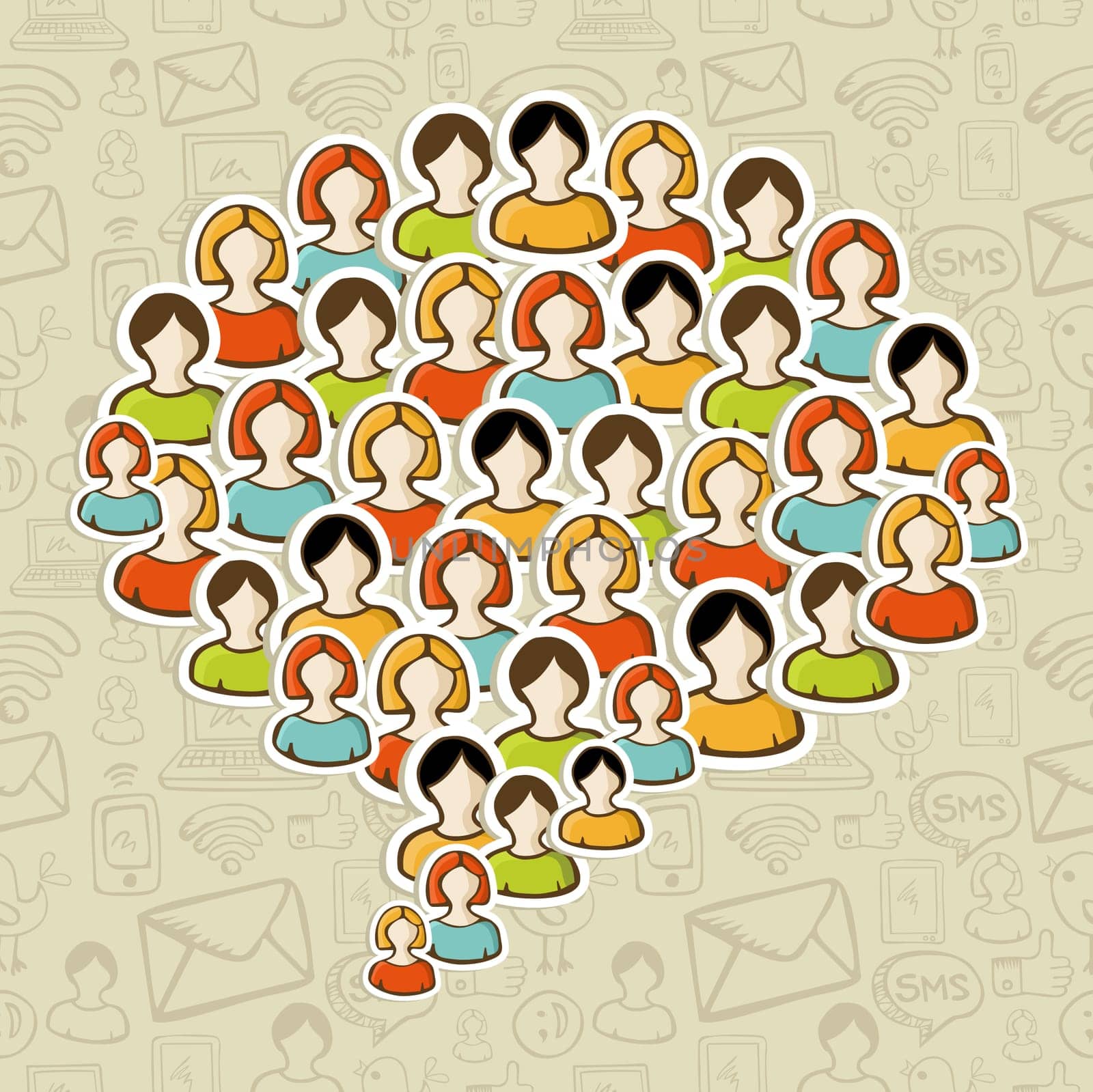 Social media networks users in speech bubble shape over pattern. Vector illustration layered for easy manipulation and custom coloring.