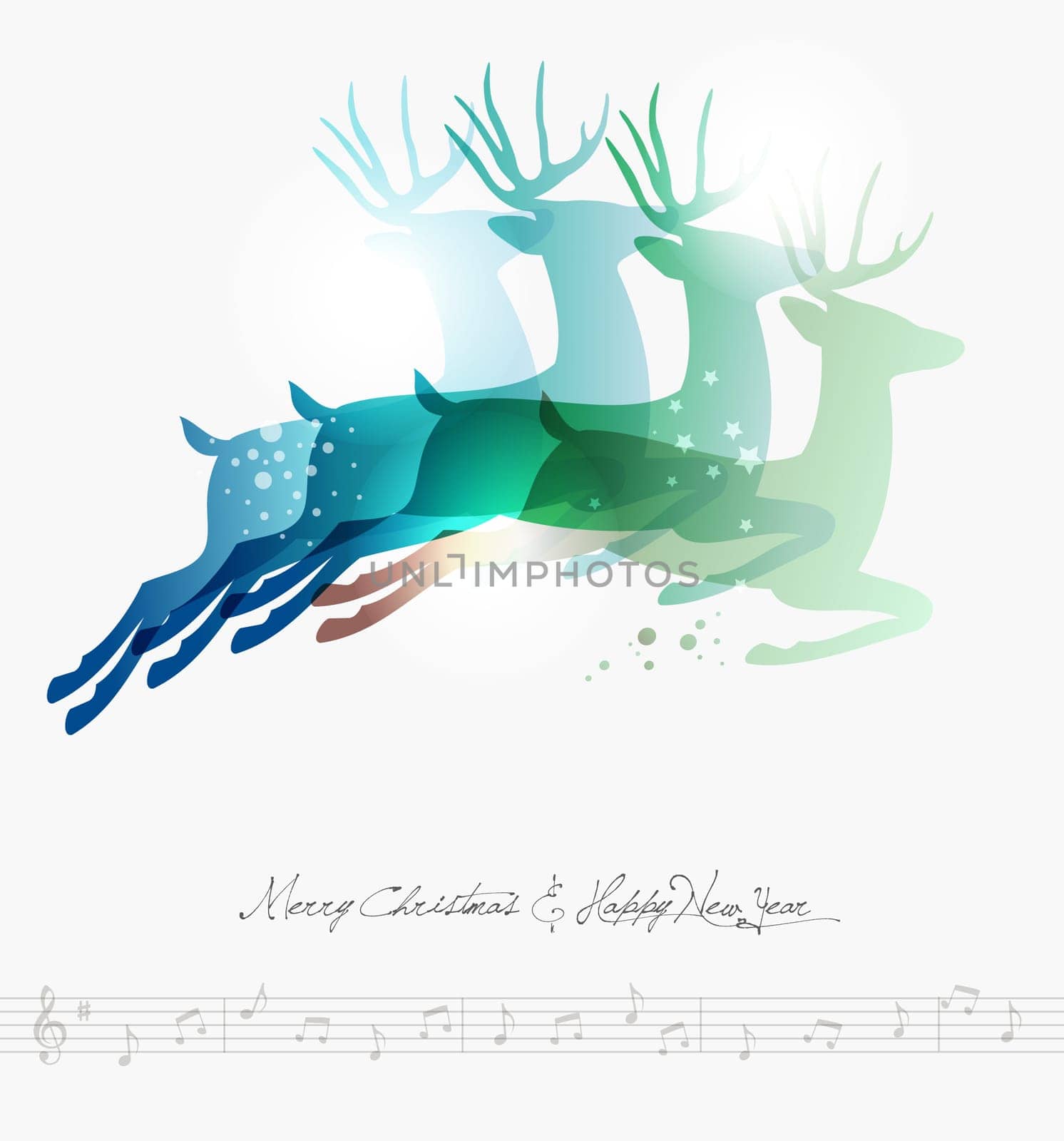 Contemporary Merry Christmas jumping deers transparency background. EPS10 illustration with transparencies layered for easy manipulation and custom coloring.