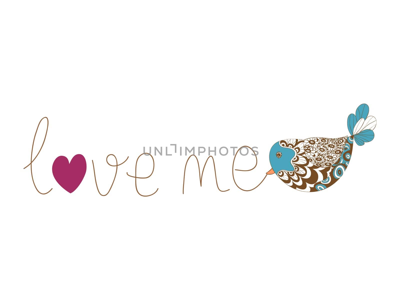 Valentine day love me bird greeting card. Vector illustration layered for easy manipulation and custom coloring.