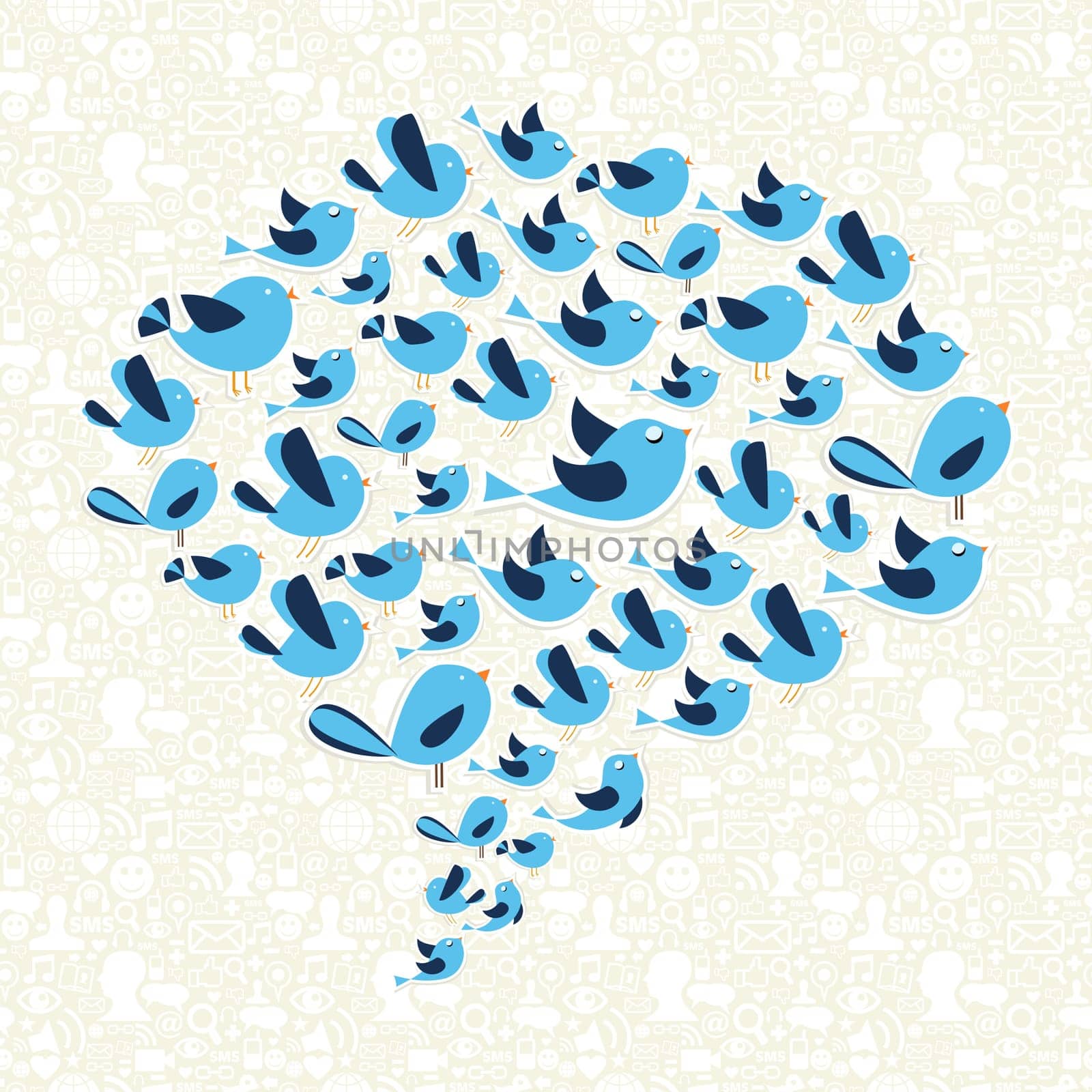 Social media birds viral marketing campaign in speech bubble. Vector file layered for easy manipulation and custom coloring.