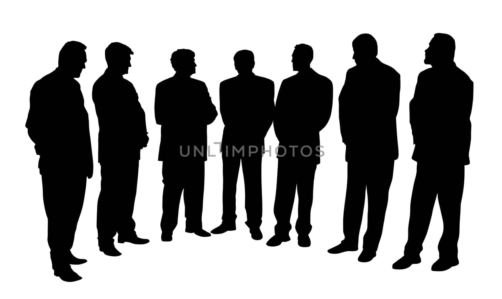 Group of seven businessmen. Isolated white background.