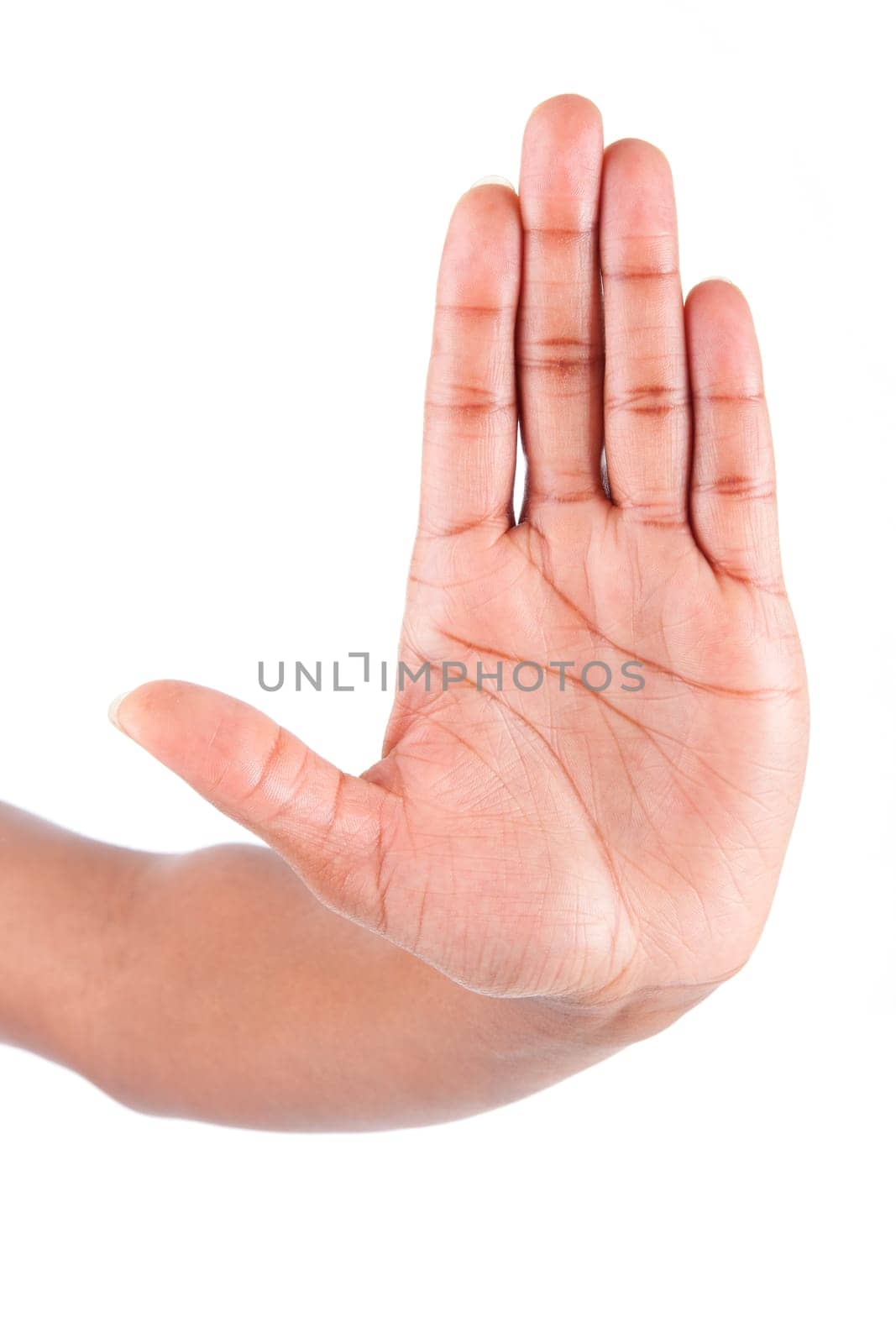 African American woman hand making stop sign, isolated on white background