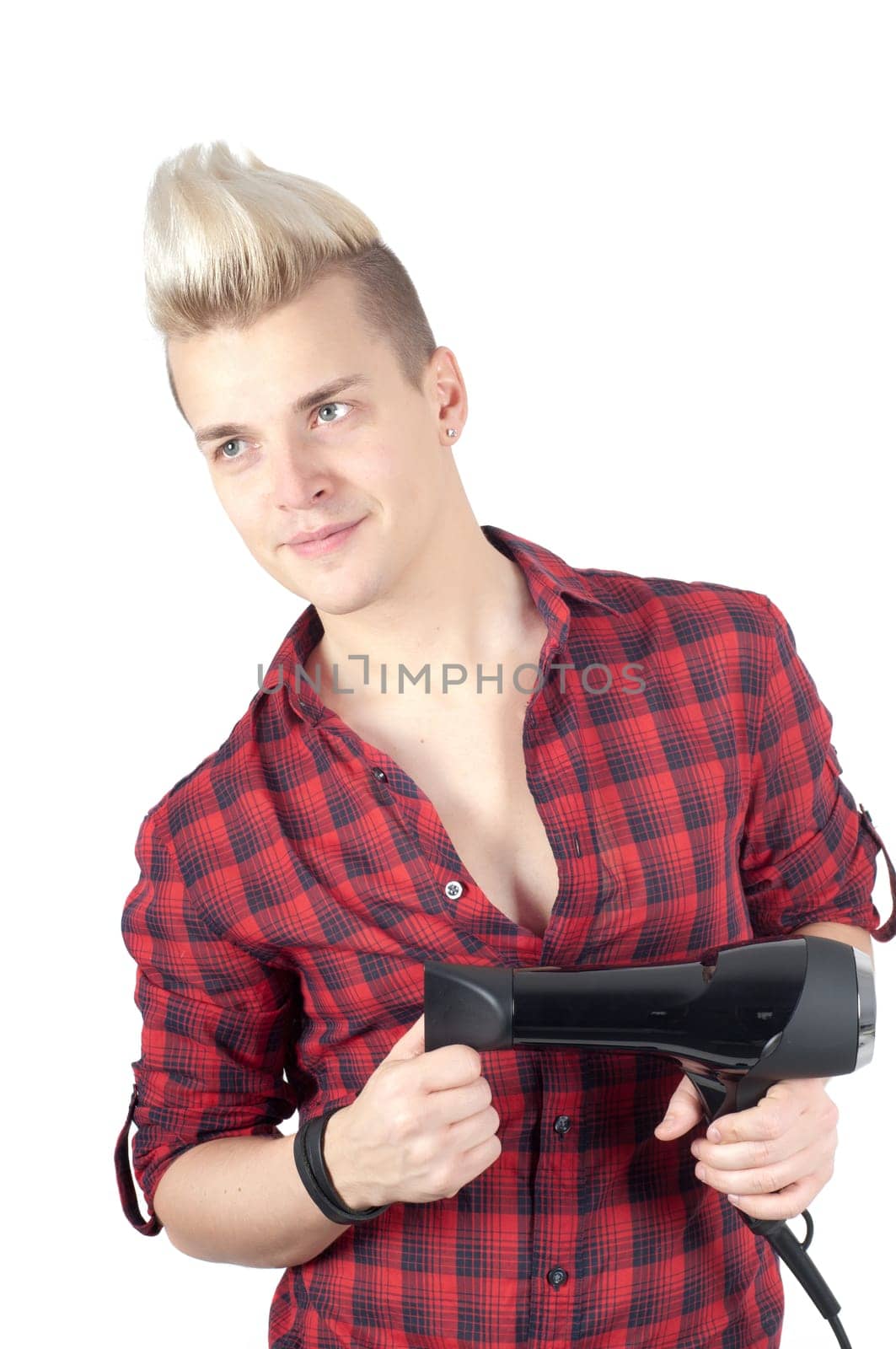 Portrait of handsome man in red with hairdryer in studio isolated on white
