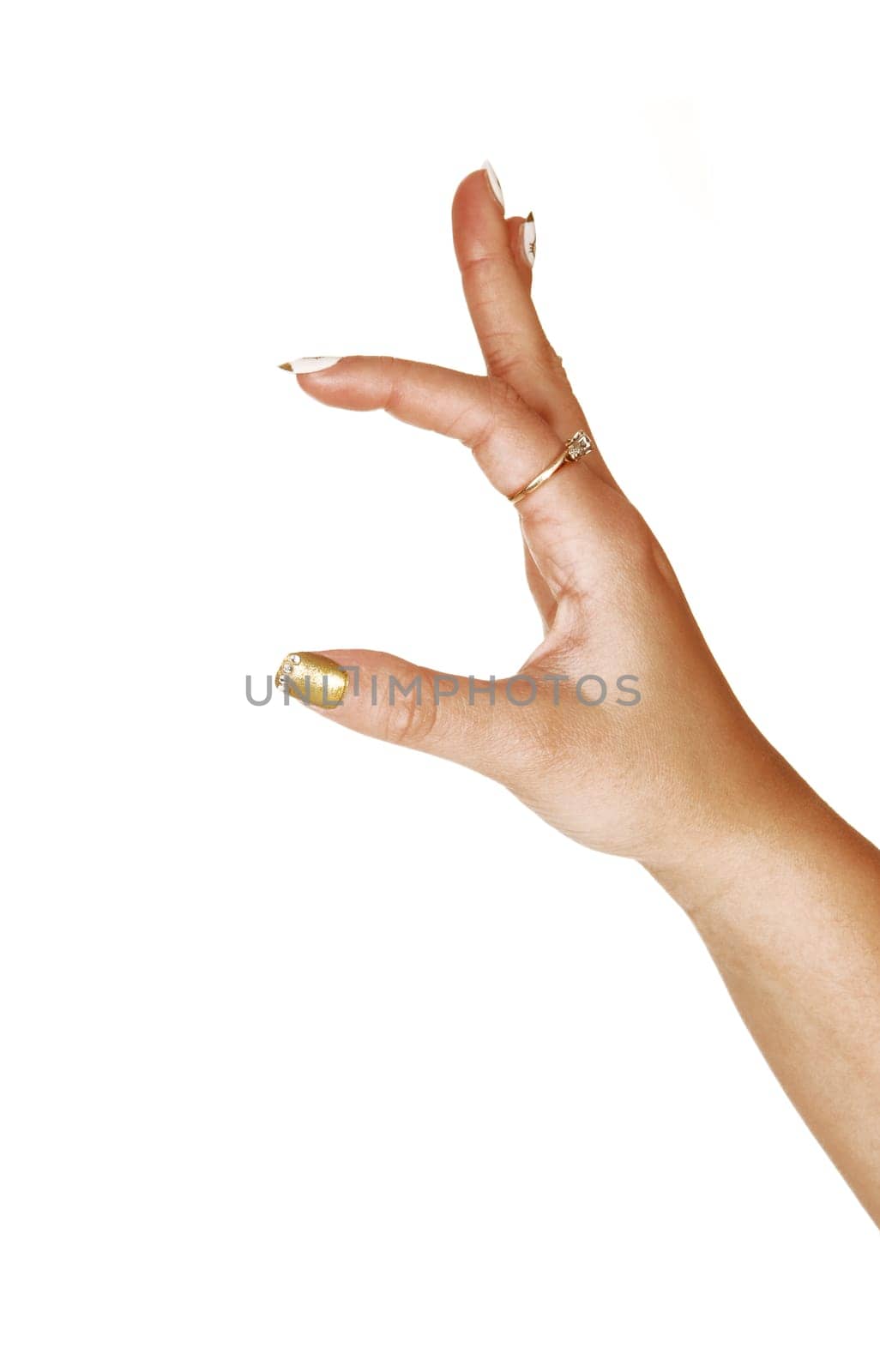 A arm with the hand showing one inch in size for white background.