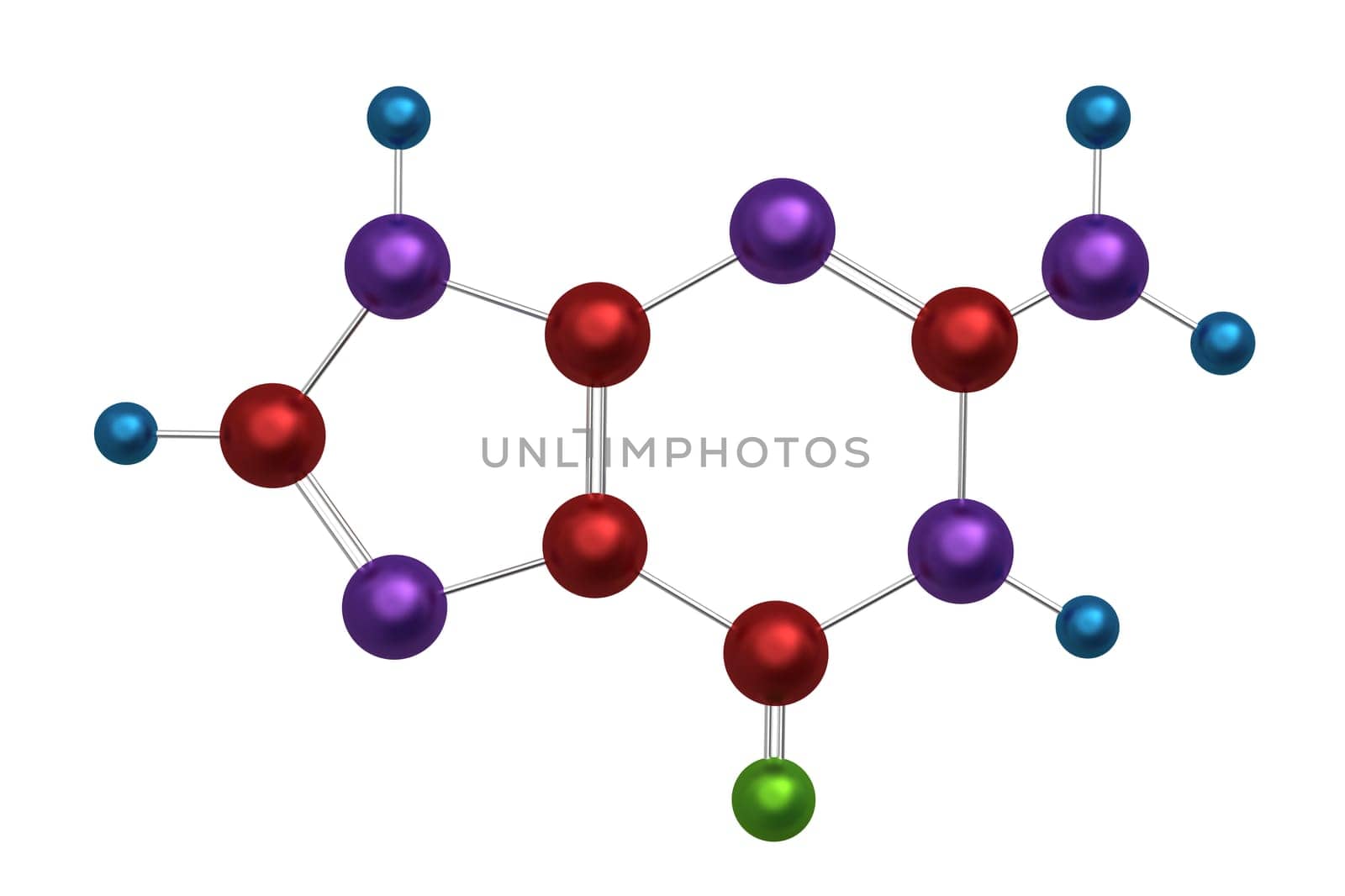 Molecule of guanine, key component in the formation of stable DNA and RNA molecules, 3d model