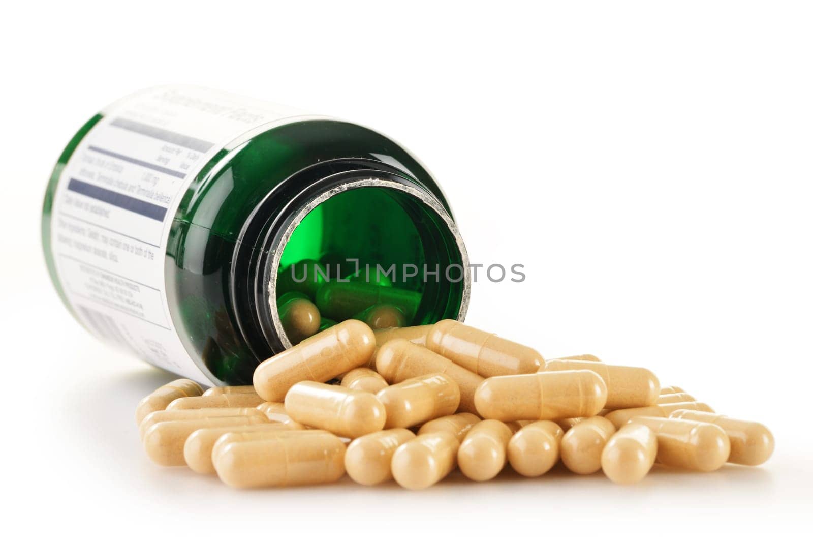 Composition with dietary supplement capsules. Drug pills