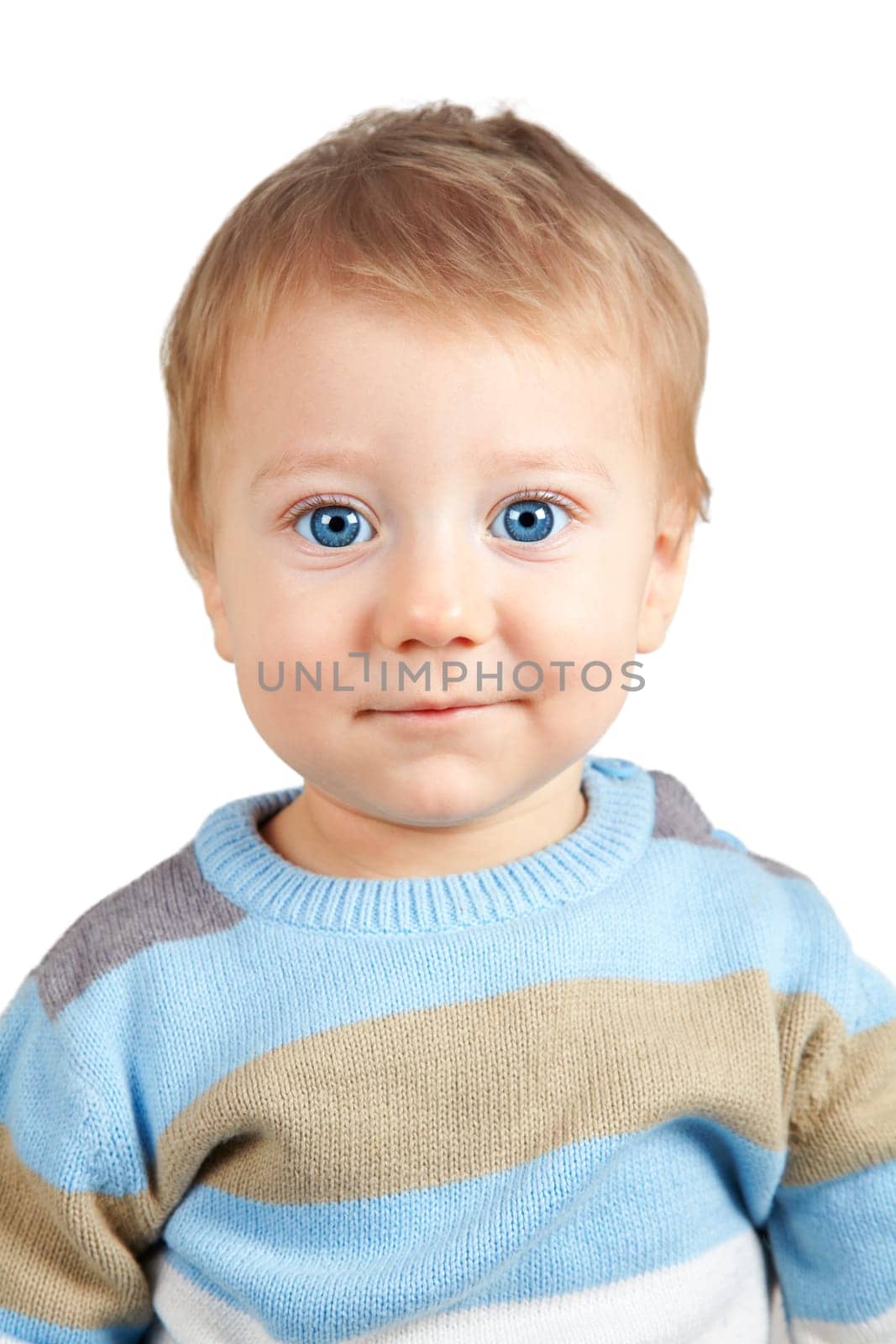 Closeup portrait of a sweet little adorable child over white background