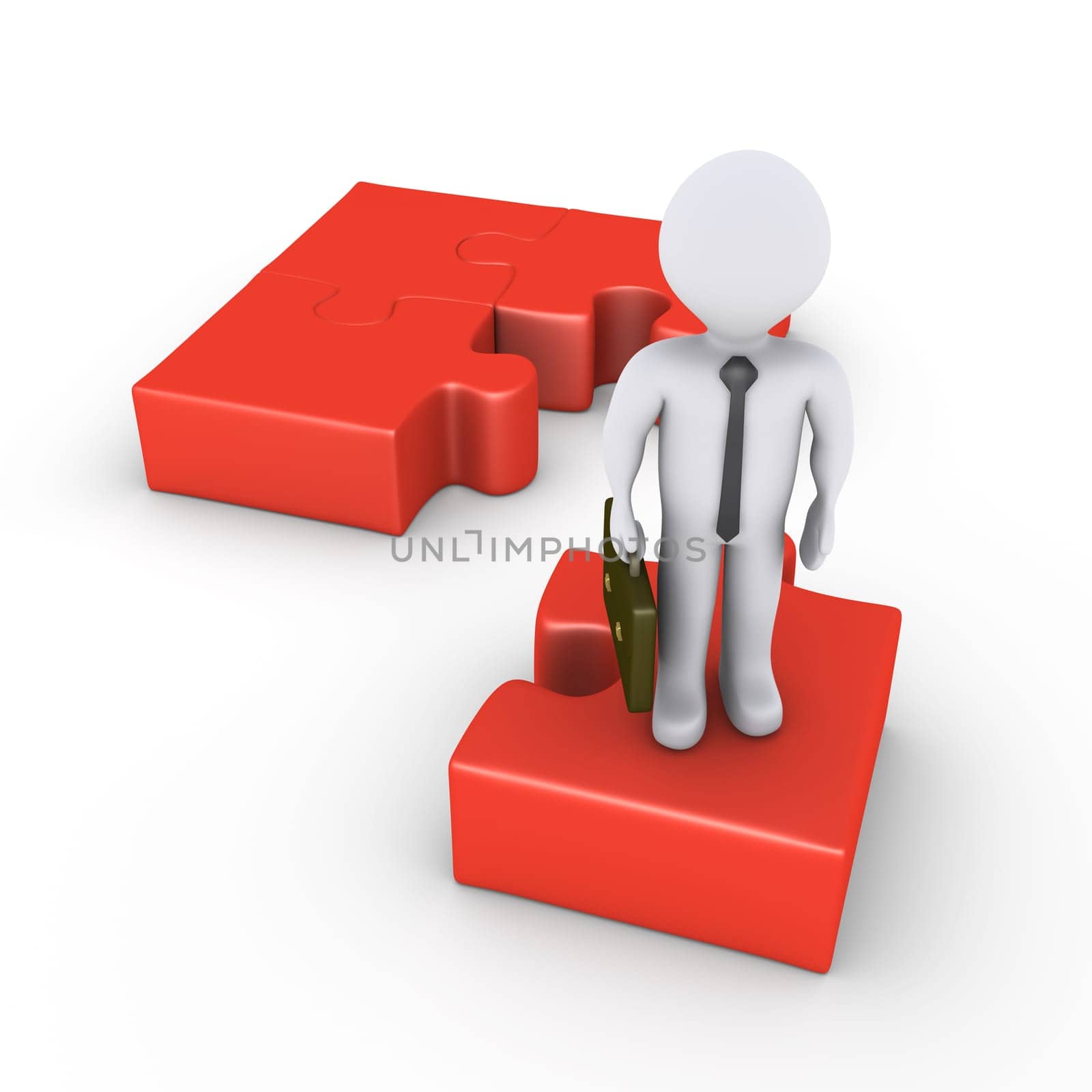 3d businessman is standing on puzzle piece separated from others