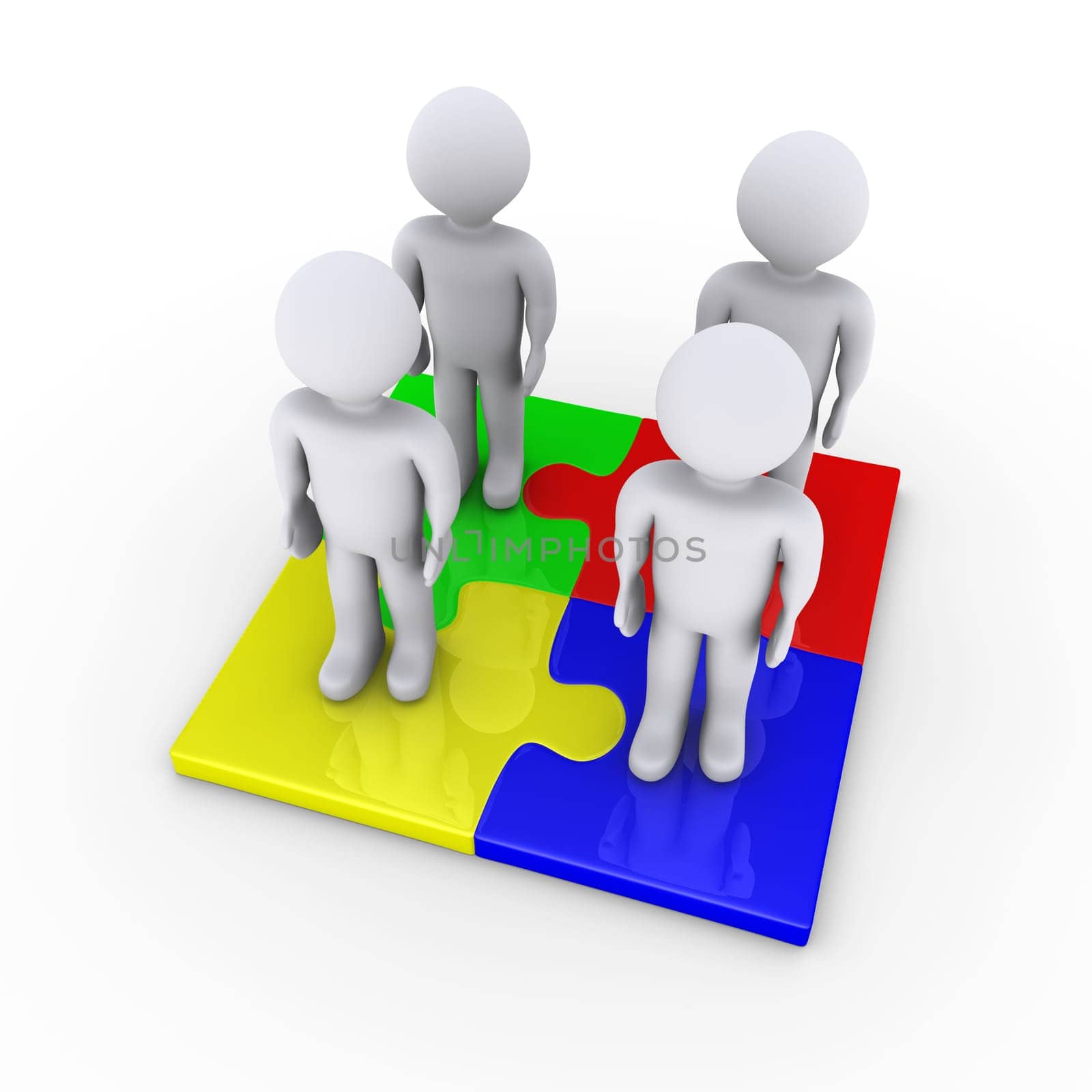 Four 3d people standing on connected puzzle pieces