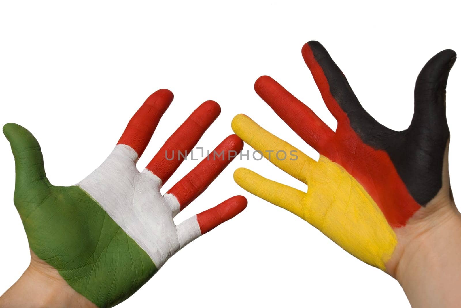 a german and an italien hand on white