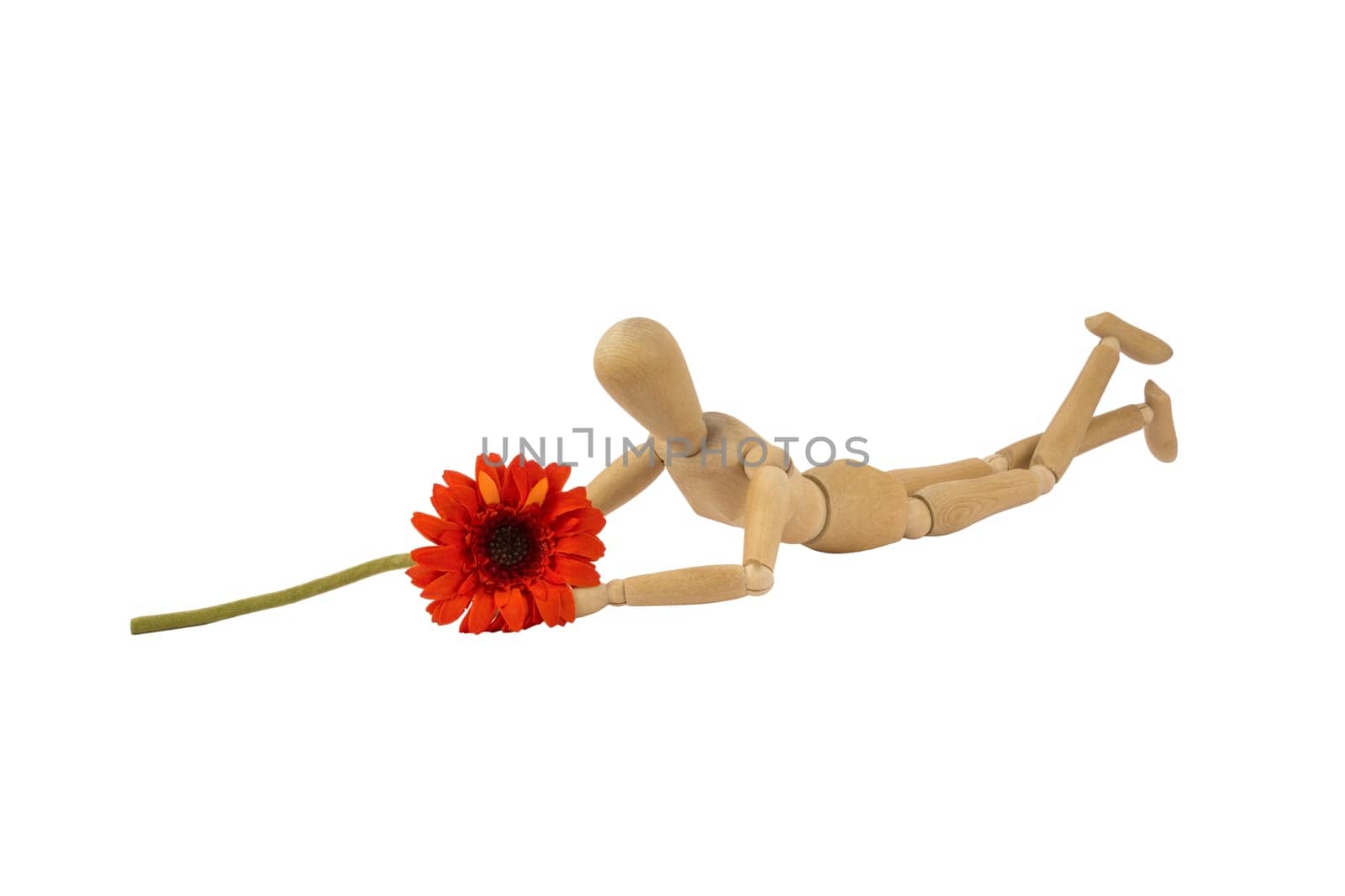 A wooden female doll is lying holding a flower