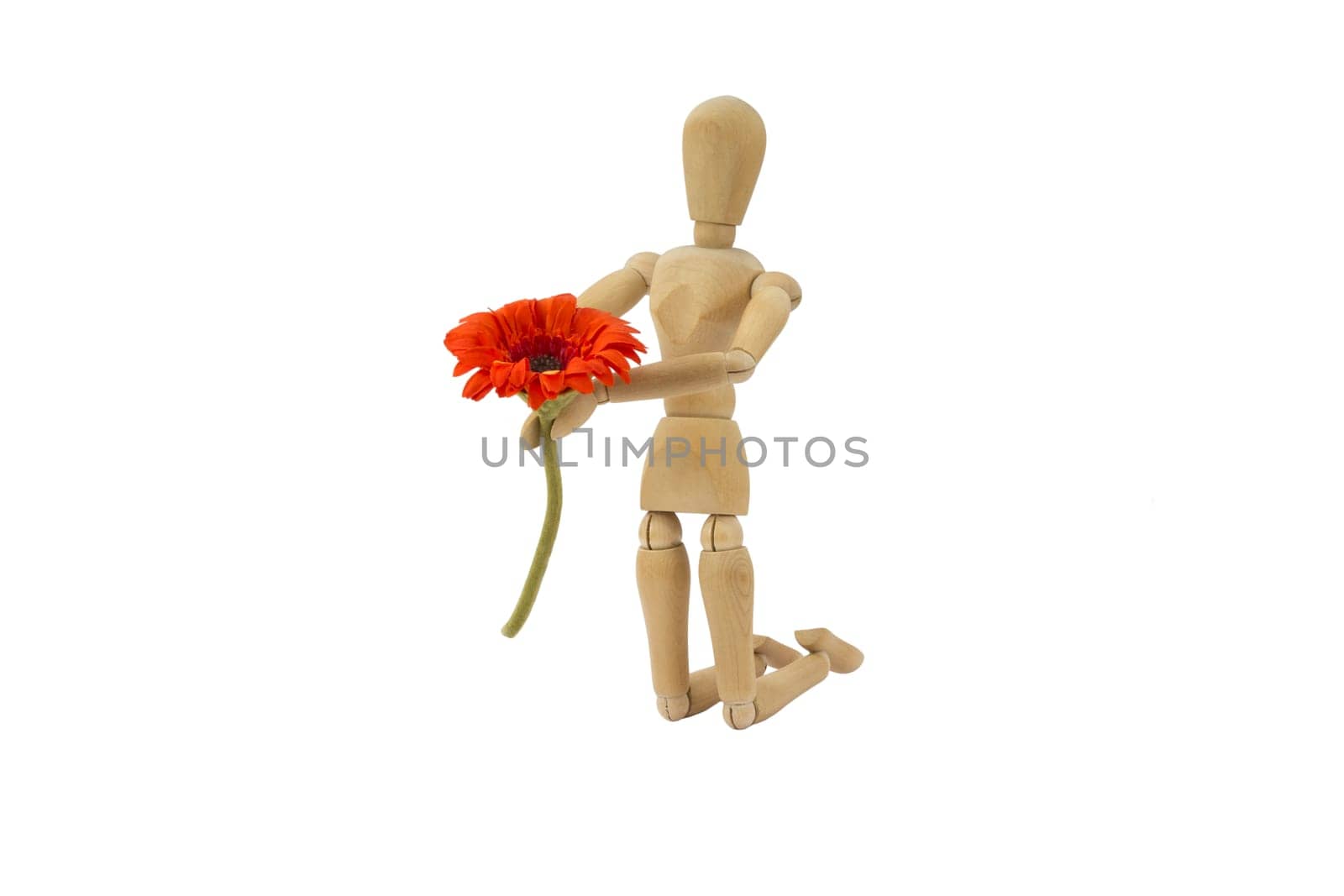 A wooden female doll is making a proposal