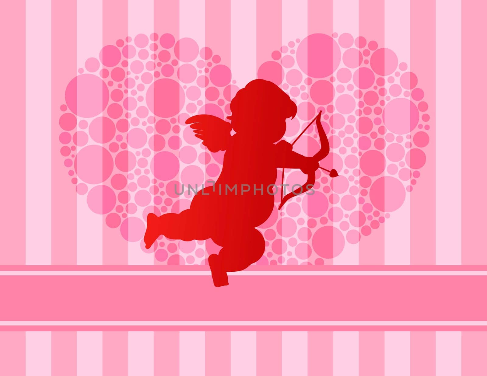 Happy Valentines Day with Cupid on Polka Dots Heart Silhouette and Pink Stripes Pattern Background Illustration