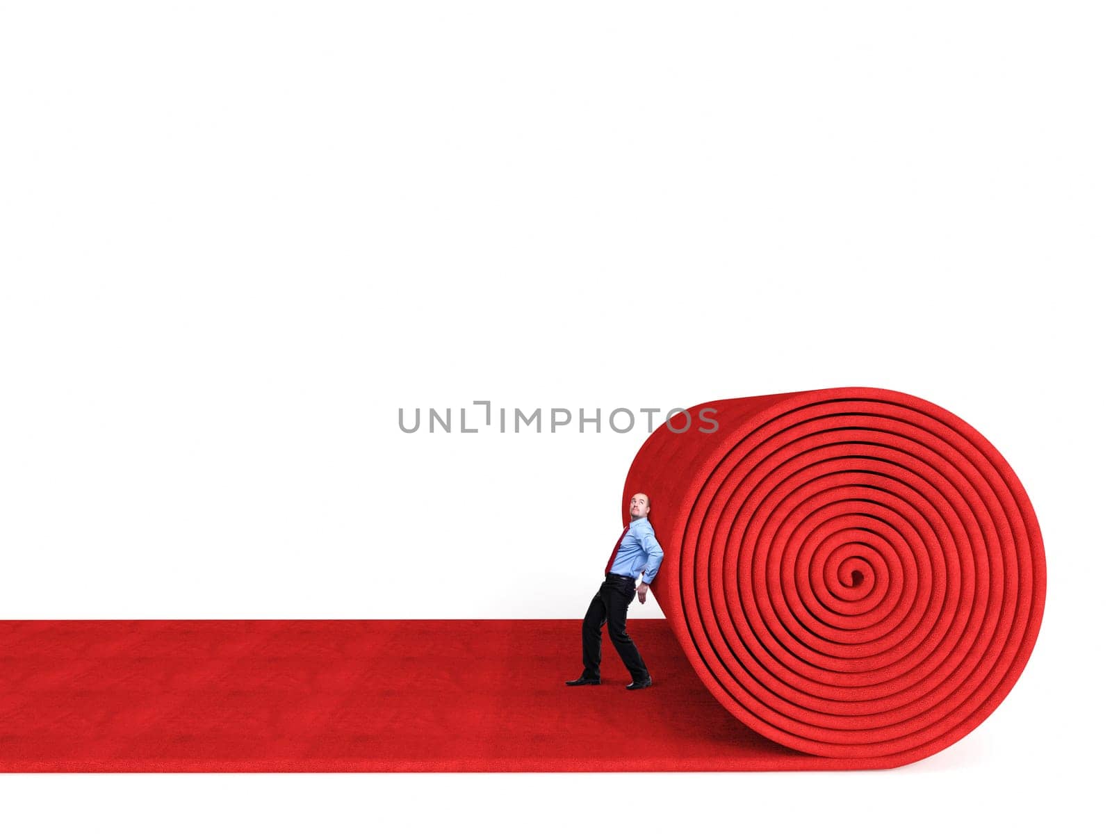 man roll huge red carpet isolated on white