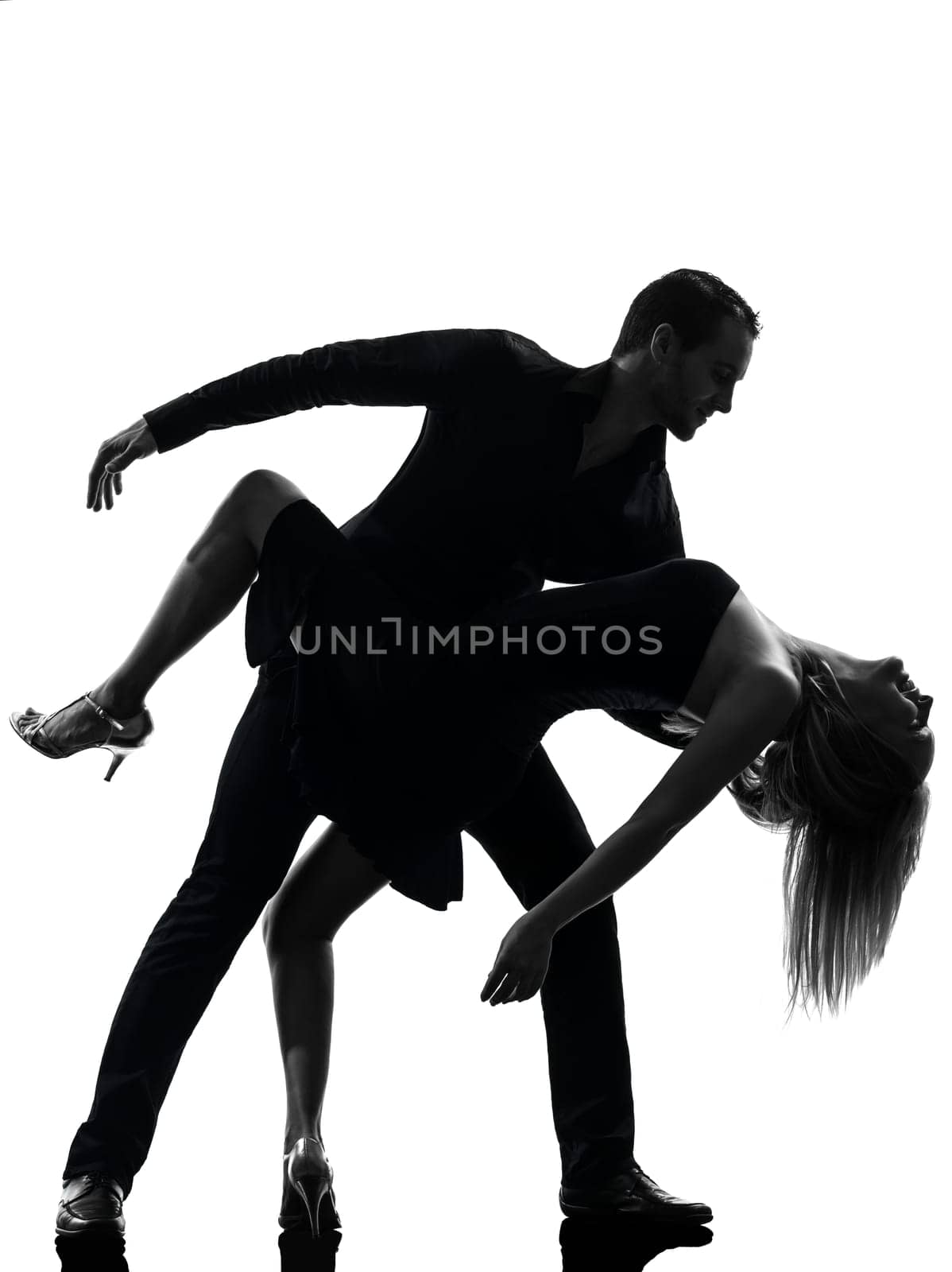 one caucasian couple woman man dancing dancers salsa rock  in silhouette studio isolated on white background