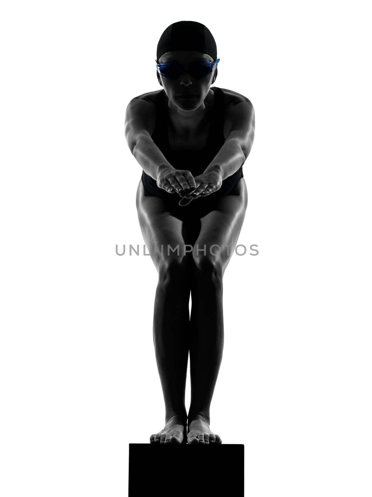 one caucasian woman competition swimmer on starting in silhouette studio isolated on white background