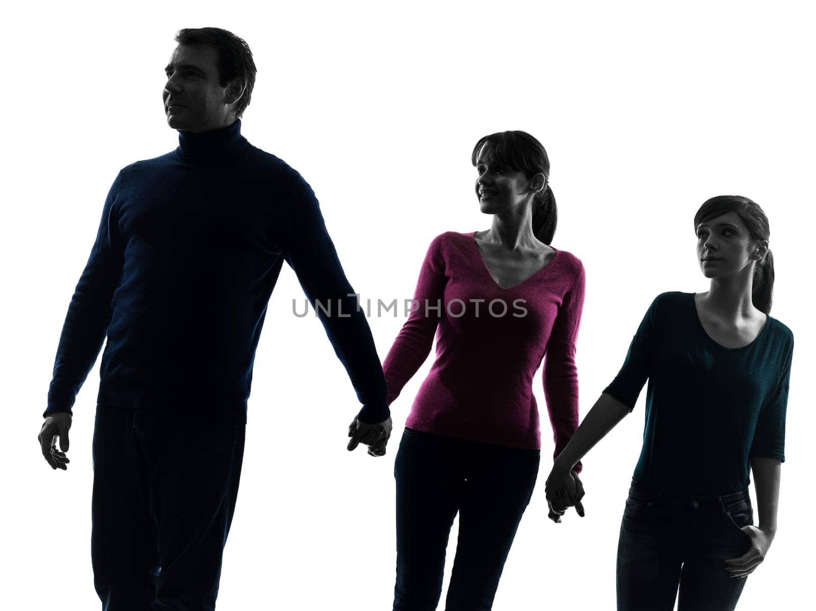 one caucasian family father mother daughter man walking  holding hands in silhouette studio isolated on white background