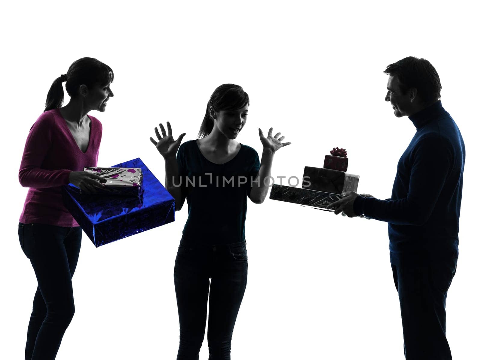 one caucasian family father mother daughter offering present surprises in silhouette studio isolated on white background
