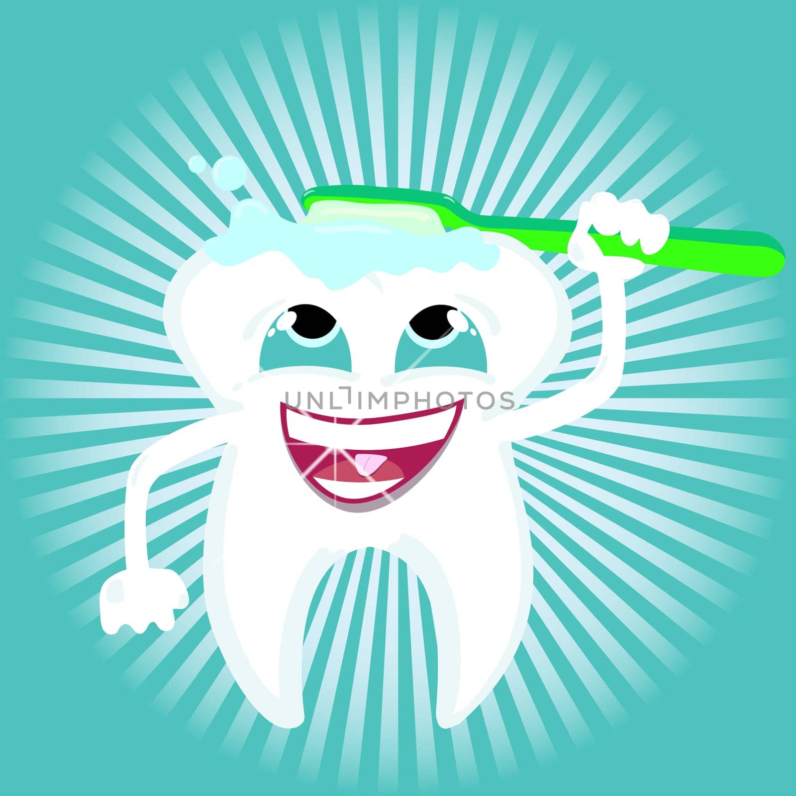 Tooth vector cleaning itself with toothbrush shiny  dental care, Zip includes 300 dpi JPG, Illustrator CS, Illustrator 10, and SVG files, vector layers are layered for easy editing. The vector file contains gradients, but it's EPS10 compatible