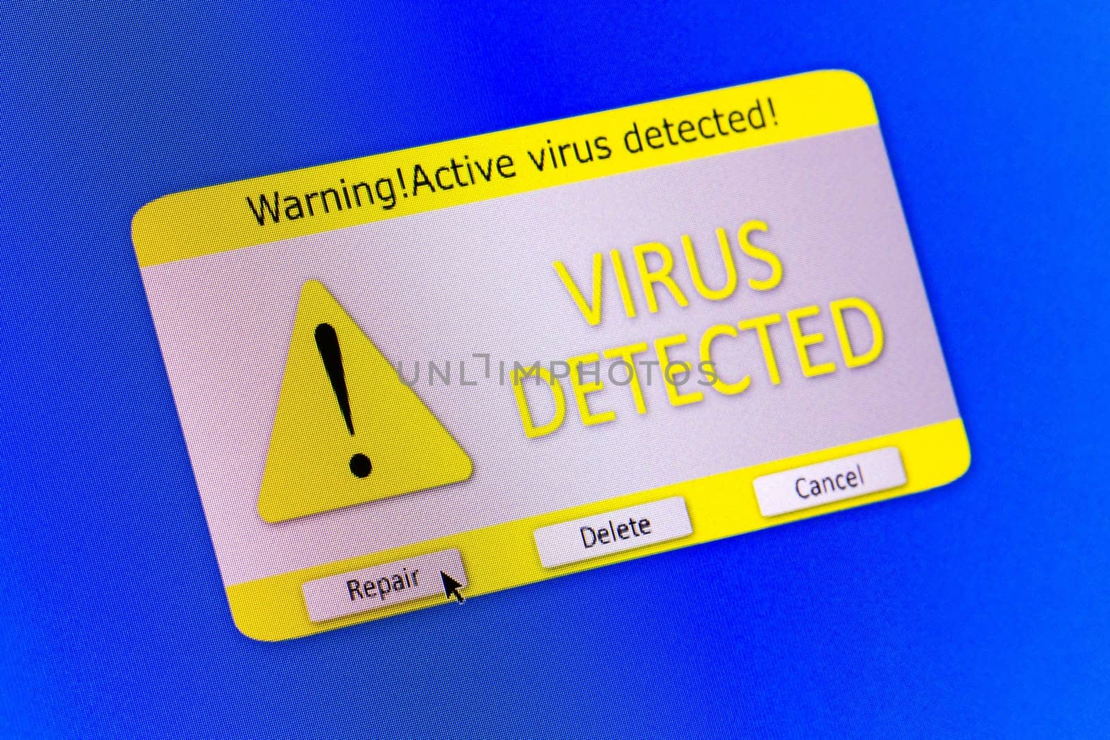 Virus alert message on the blue computer screen
