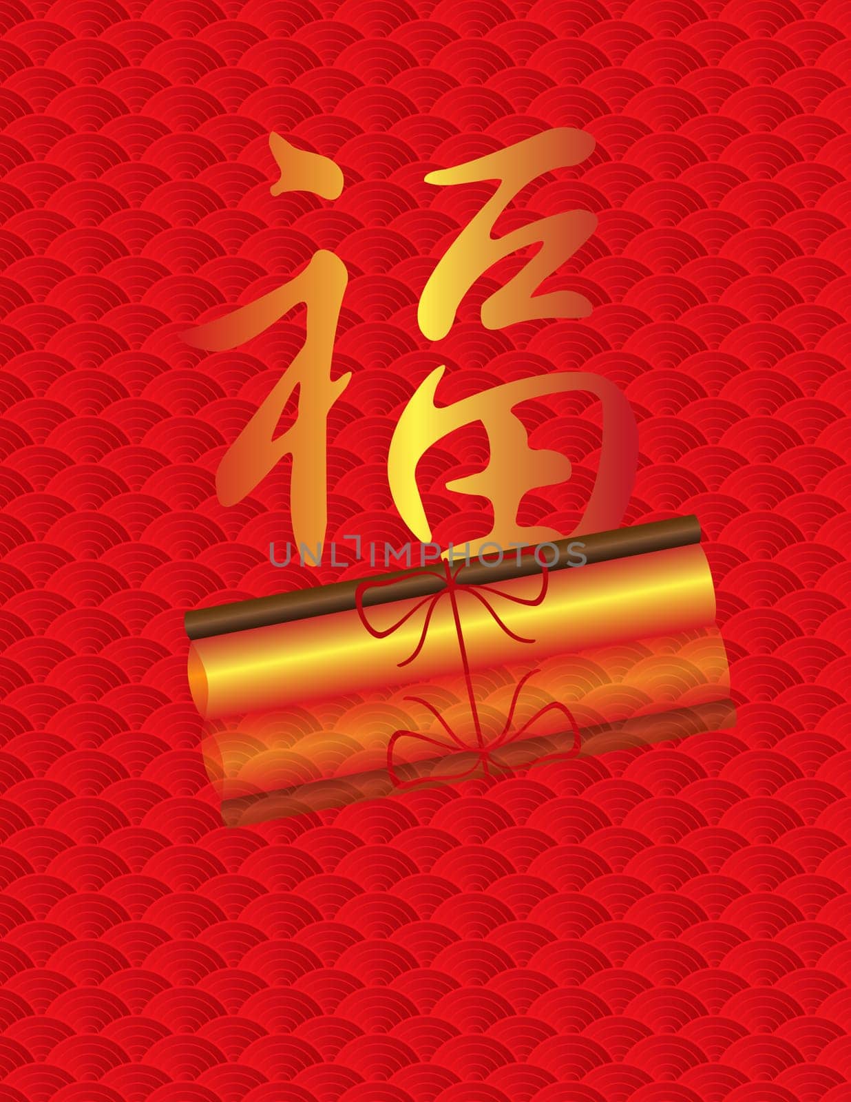 Fu Good Fortune Chinese Text with Scholar Scroll  on Fish Scale Background Illustration