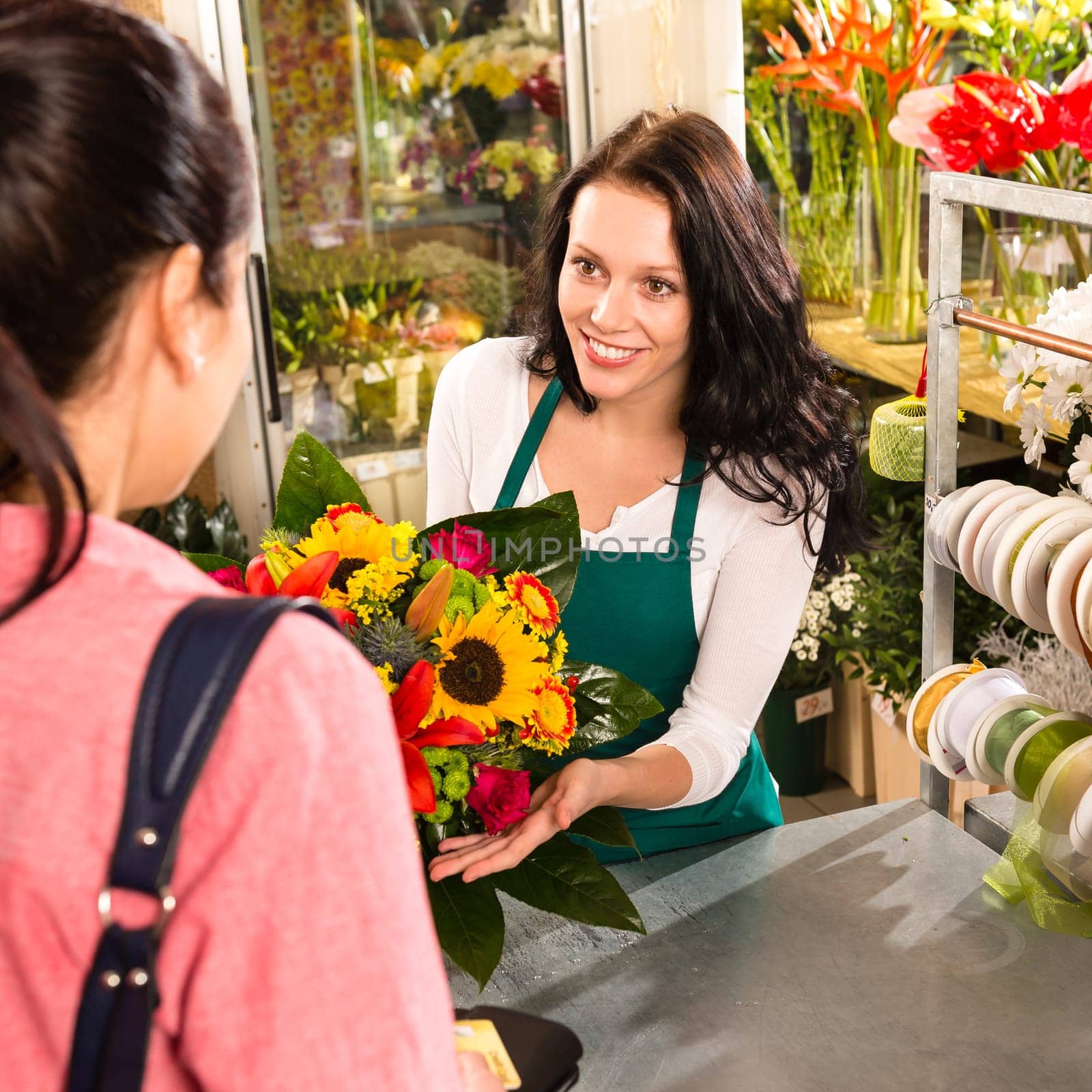 colorful bouquet florist woman selling customer flower shop store