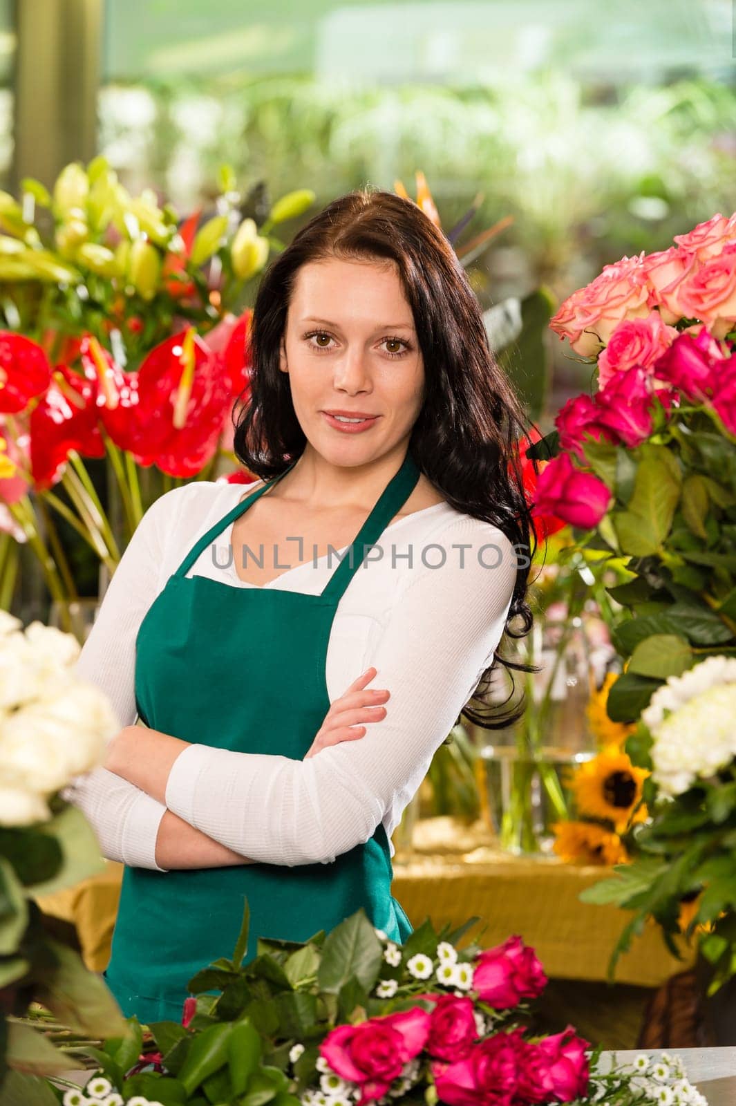 Young woman standing florist flower shop owner small business